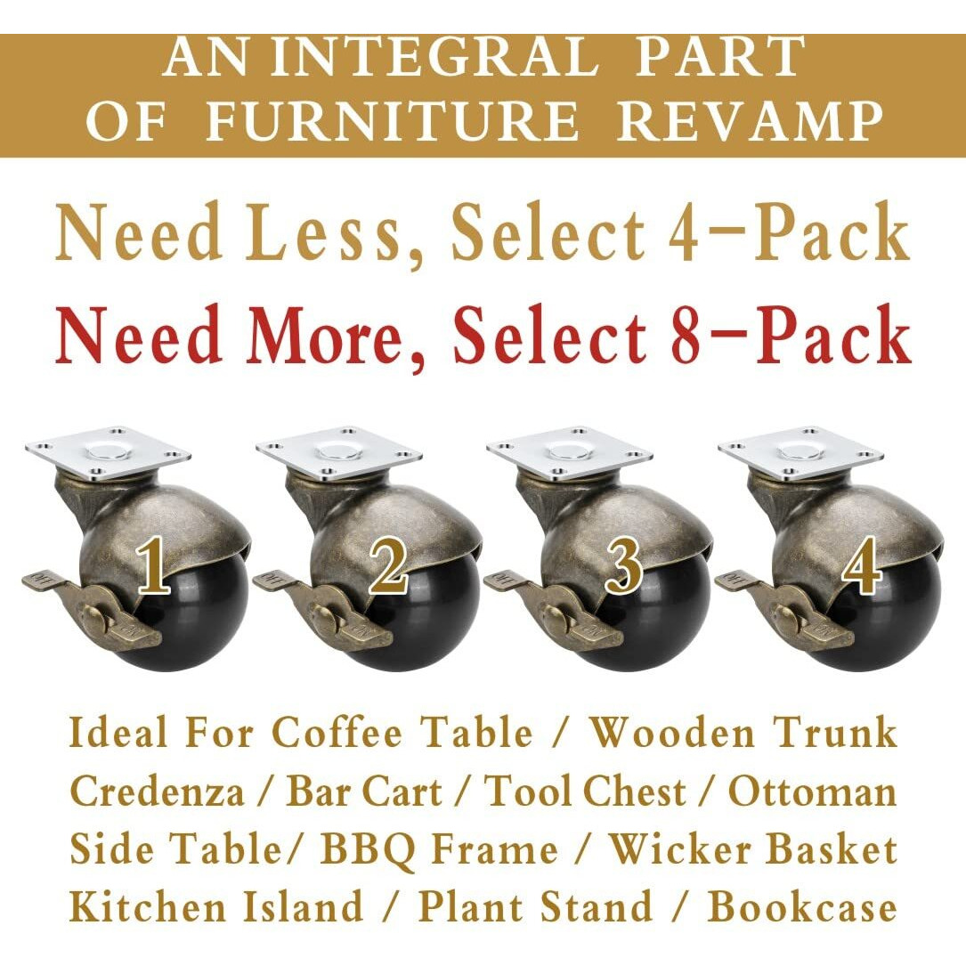 Jgjc Casters Set Of 4  Antique Brass Casters With Brake  2 Inch Ball Castor Wheels For Furniture Casters Vintage Wheels Heavy Duty  Table Caster With 360 Degree Swivel Top Plate