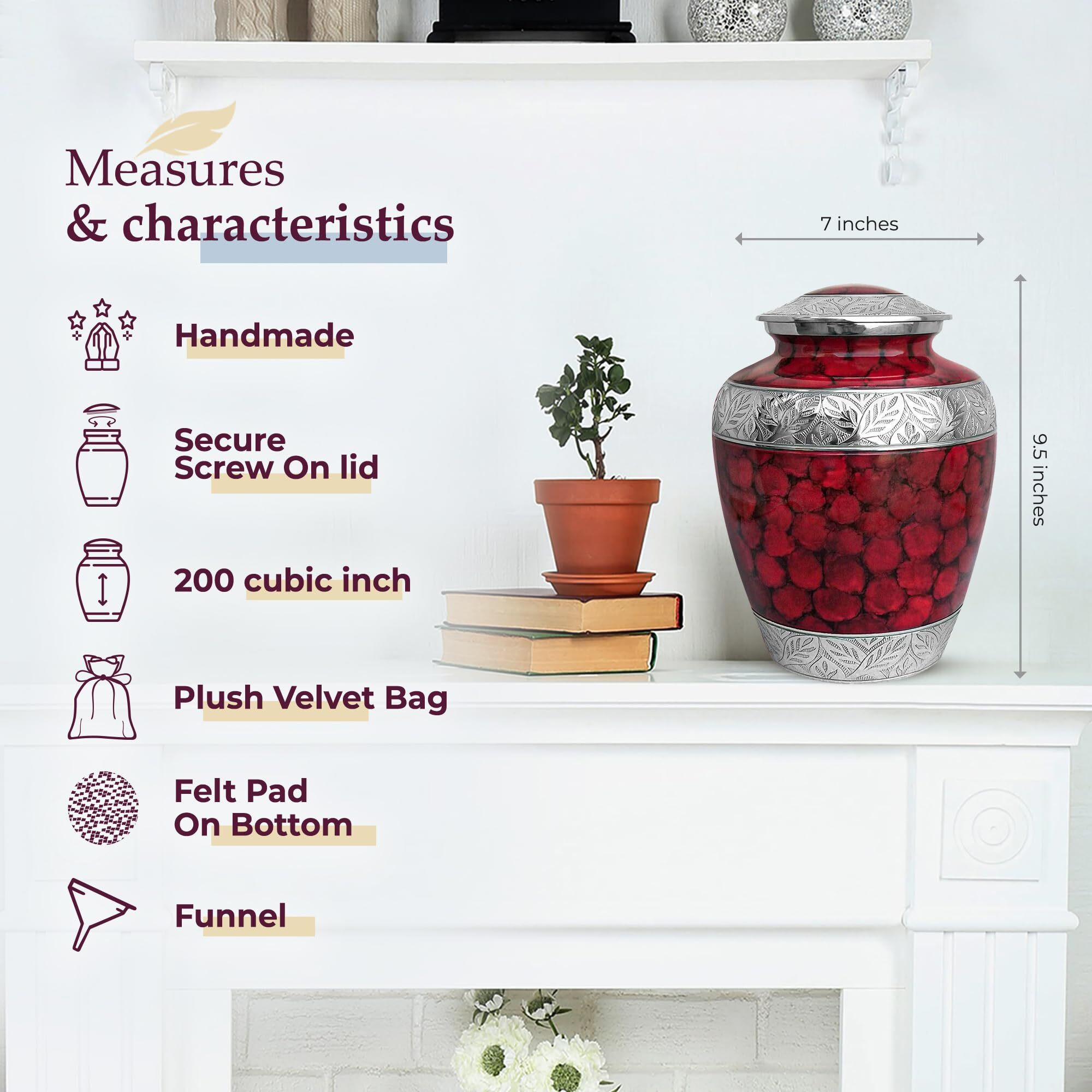 Trupoint Memorials Cremation Urns For Human Ashes - Decorative Urns  Urns For Human Ashes Female & Male  Urns For Ashes Adult Female  Funeral Urns - Red  Large