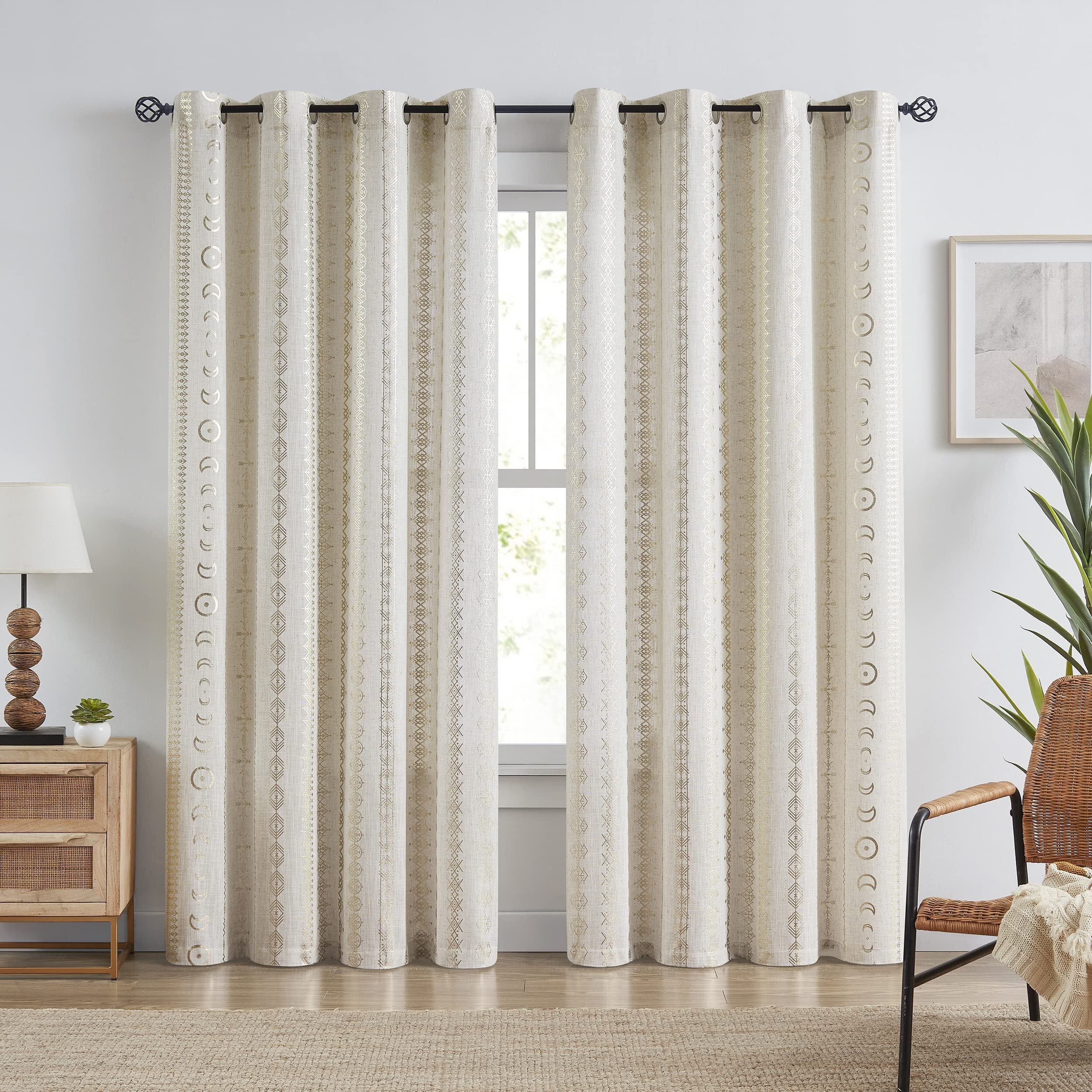 Sxzjtex Gold Aztec Light Filtering Curtains For Living Room 2 Panels  Boho Tribal Geometric Print Window Curtains For Bedroom  Grommet Semi Sheer Linen Curtains 84 Inches Long  55"&quotW X 84"&quotL  Gold/Beige