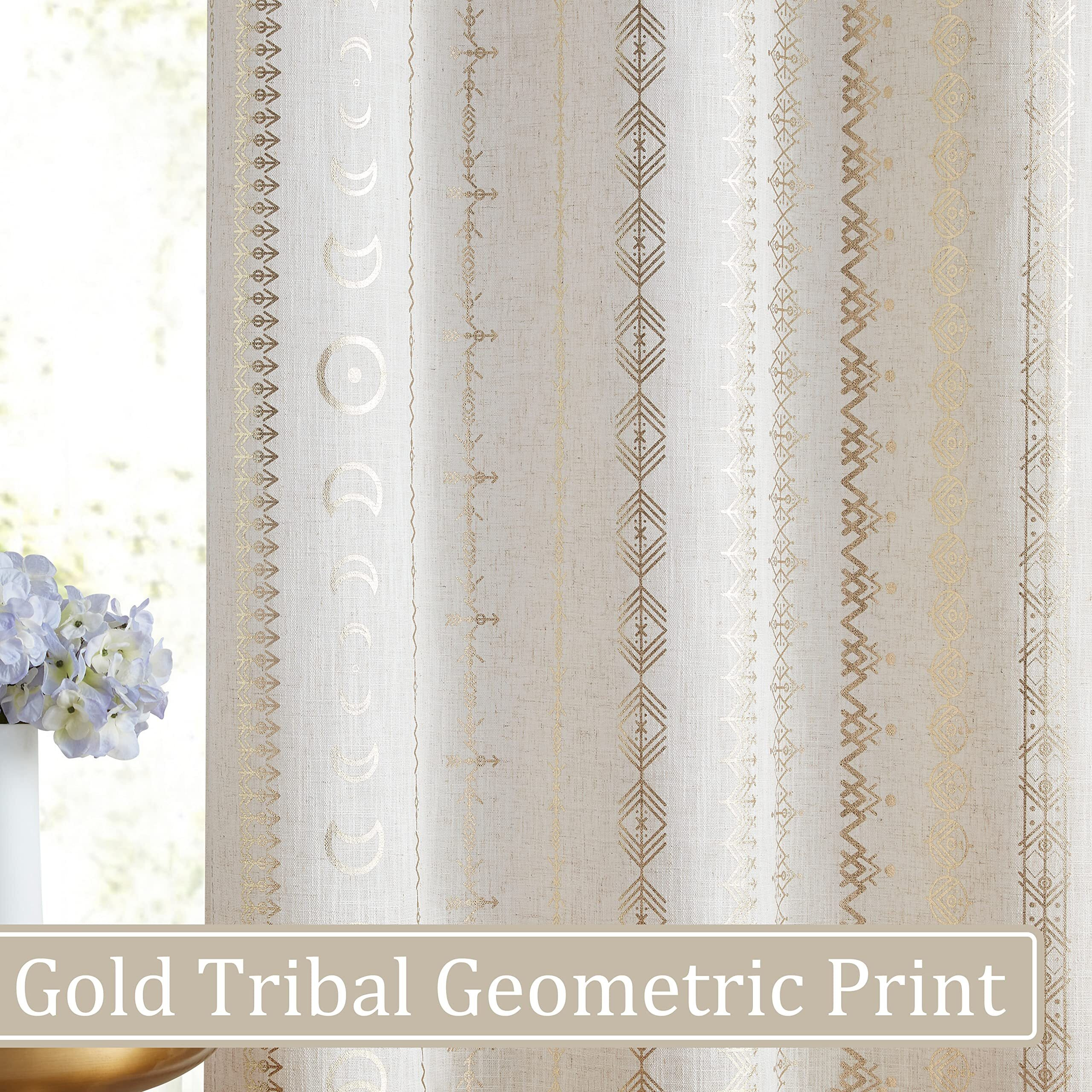 Sxzjtex Gold Aztec Light Filtering Curtains For Living Room 2 Panels  Boho Tribal Geometric Print Window Curtains For Bedroom  Grommet Semi Sheer Linen Curtains 84 Inches Long  55"&quotW X 84"&quotL  Gold/Beige