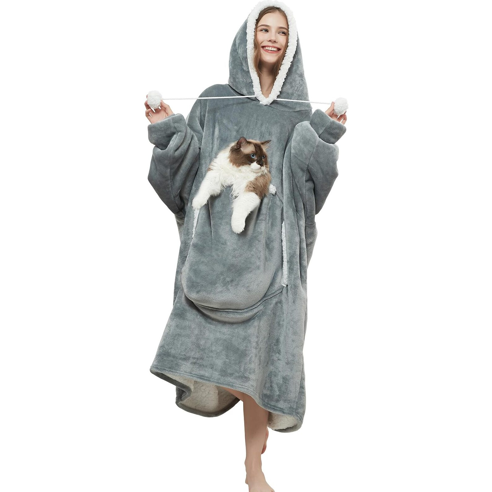 Cozystar Wearable Blanket Hoodie With Giant Cat Pouch And Pom Pom Strings Oversized Cozy Soft And Thick Sherpa Hooded Sweatshirt Jacket Gift For Adult Women Men - Grey