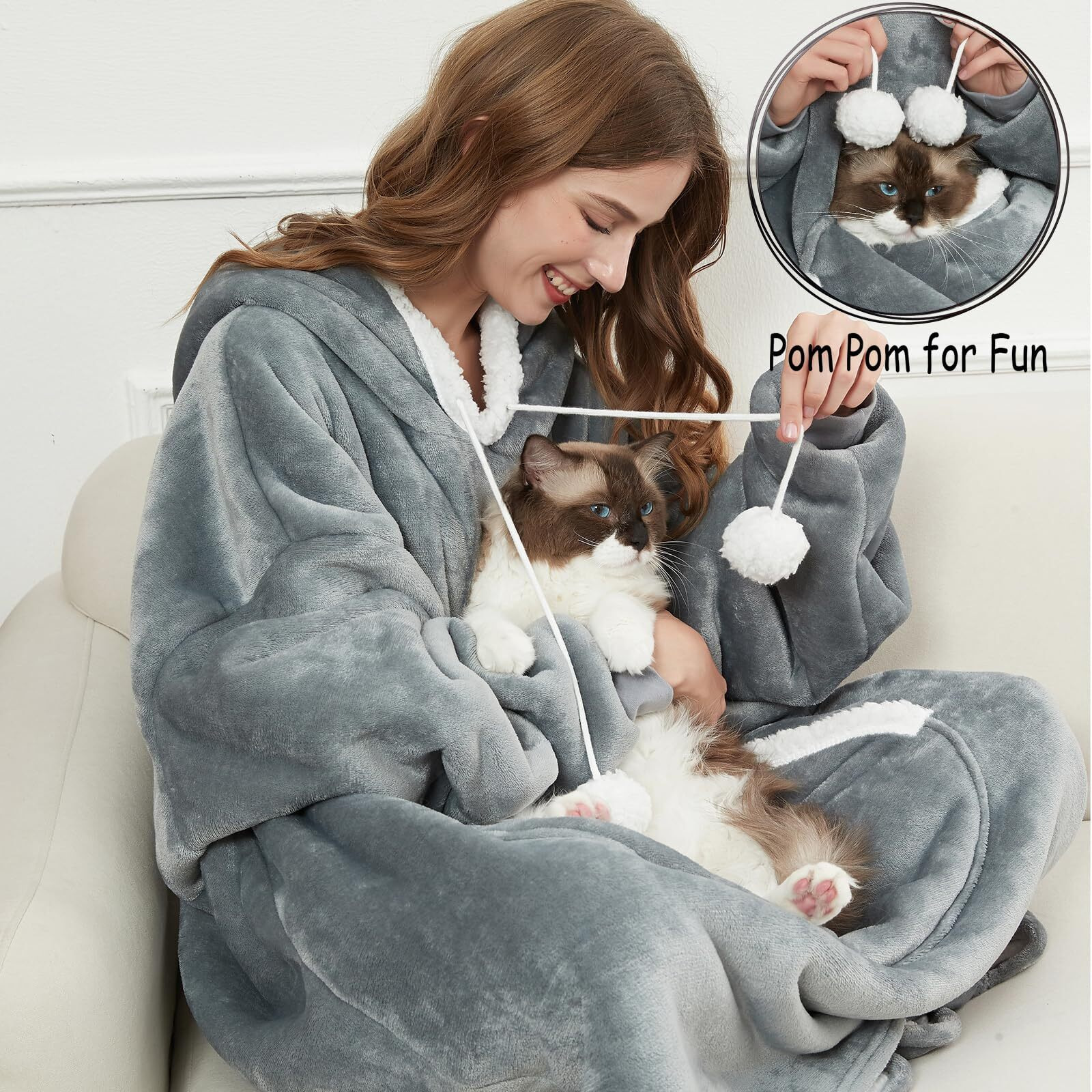 Cozystar Wearable Blanket Hoodie With Giant Cat Pouch And Pom Pom Strings Oversized Cozy Soft And Thick Sherpa Hooded Sweatshirt Jacket Gift For Adult Women Men - Grey