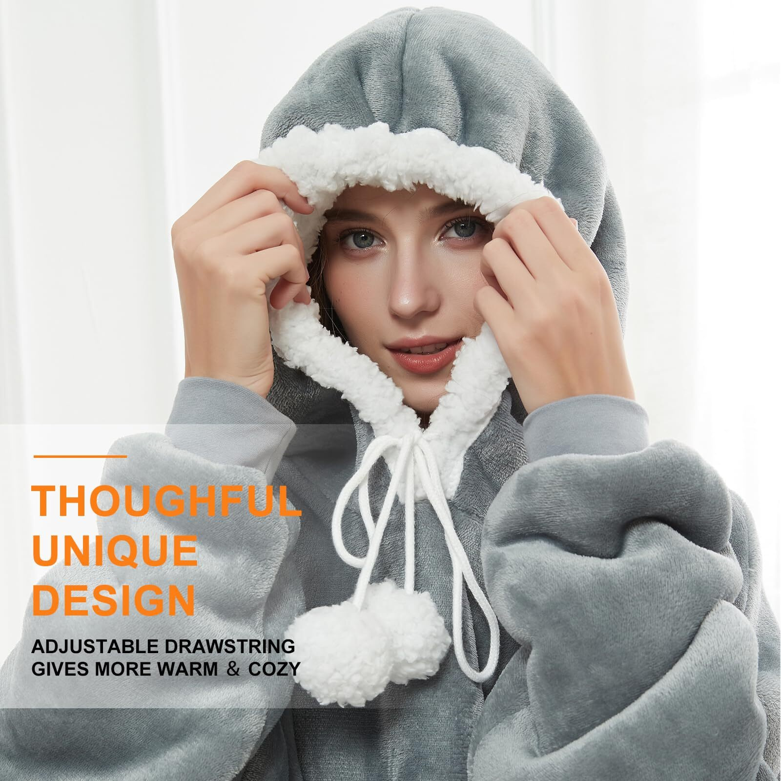 Cozystar Wearable Blanket Hoodie With Giant Cat Pouch And Pom Pom Strings Oversized Cozy Soft And Thick Sherpa Hooded Sweatshirt Jacket Gift For Adult Women Men - Grey