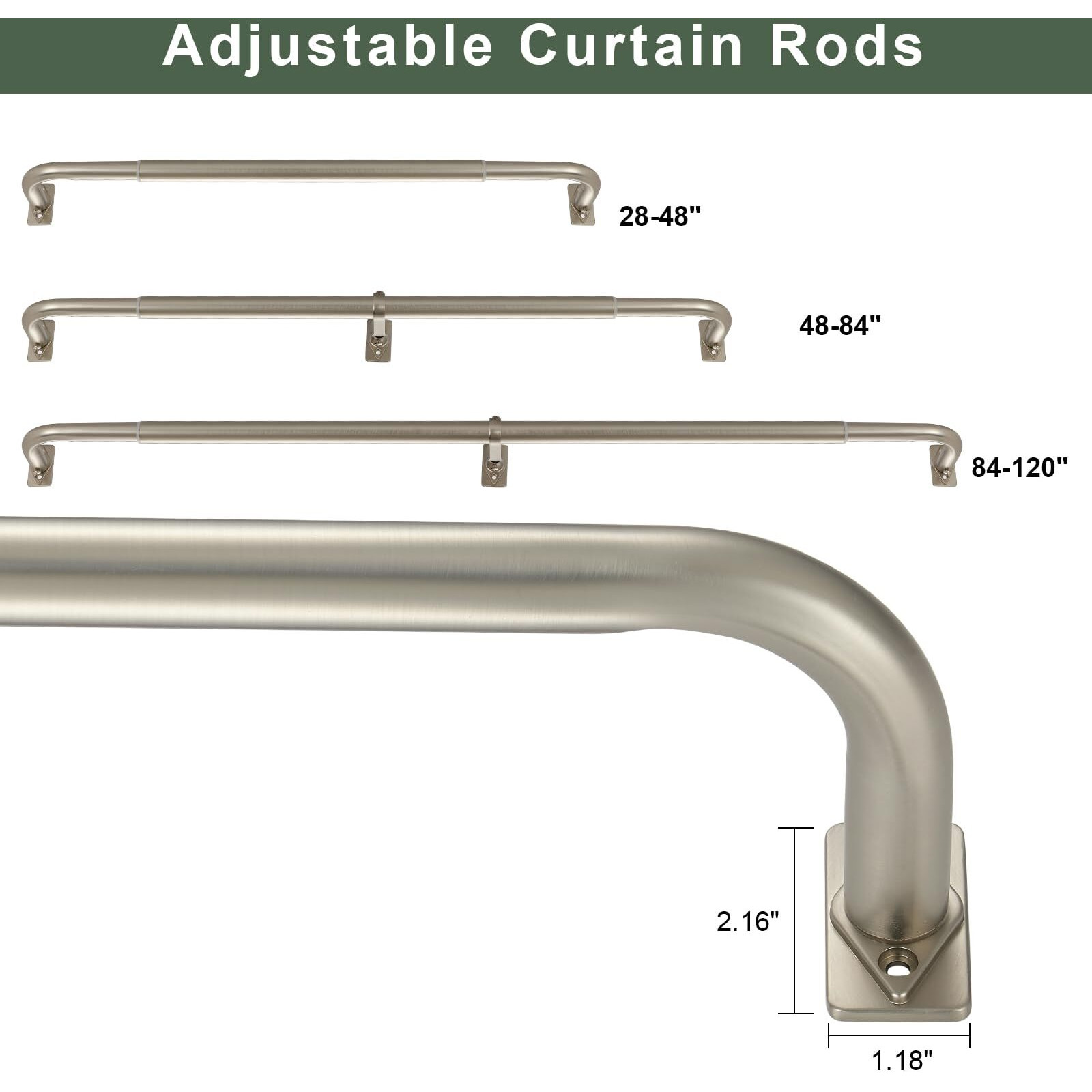 Wrap Around Curtain Rods 2 Pack  Brushed Nickel Single Curtain Rod For Window 48-84 Inch  Room Darkening Blackout Window Curtain Rods  Heavy Duty 1-Inch Telescoping Drapery Rod