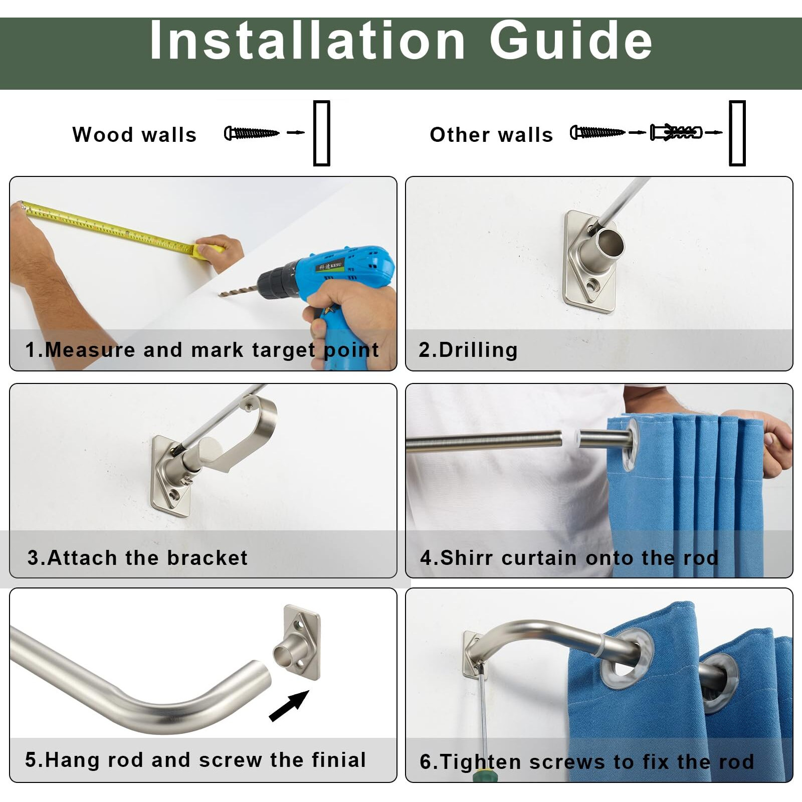 Wrap Around Curtain Rods 2 Pack  Brushed Nickel Single Curtain Rod For Window 48-84 Inch  Room Darkening Blackout Window Curtain Rods  Heavy Duty 1-Inch Telescoping Drapery Rod
