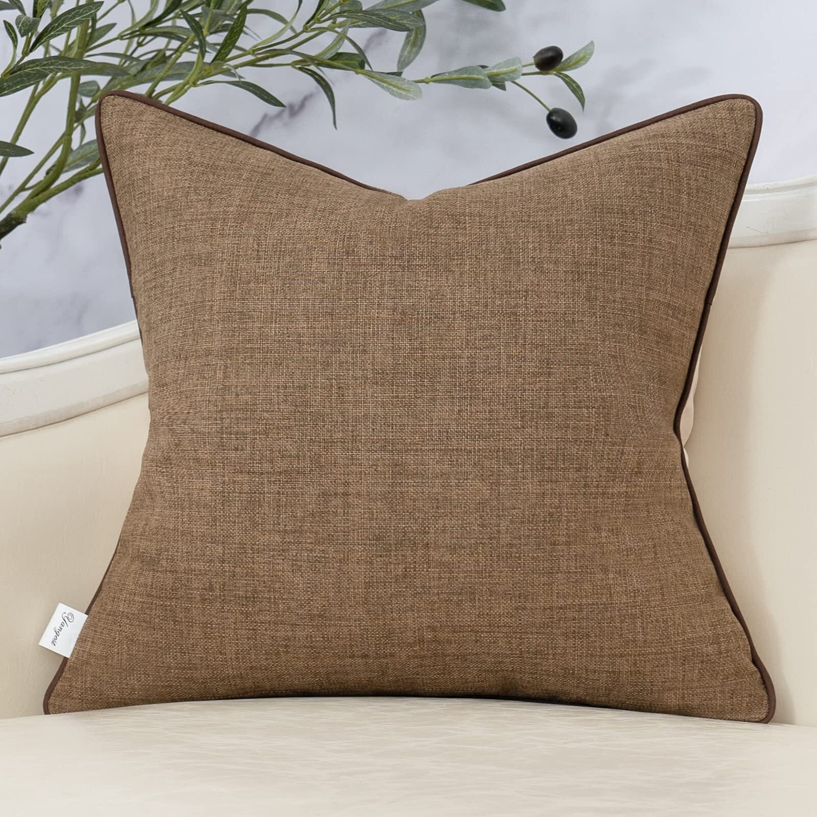 Yangest Patchwork Pillow Cover 18X18 Inch Luxury Cotton And Linen Cushion Cover Faux Leather Pillowcover For Couch Bedroom Living Room  Brown