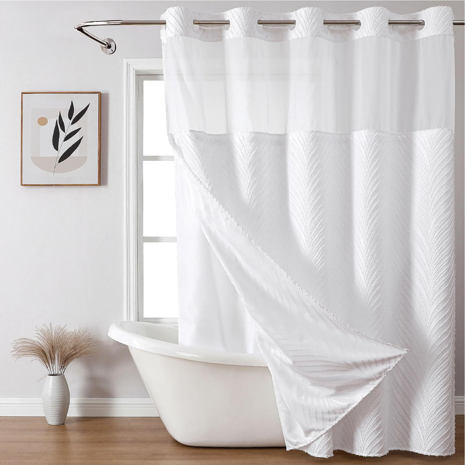 Eachope Extra Long No Hook Shower Curtain And Liner Set Boho Style With See Through Top Window  Tufted Striped Textured Outer Curtain & Waterproof Inner Liner For Bathroom  White  71Wx98H