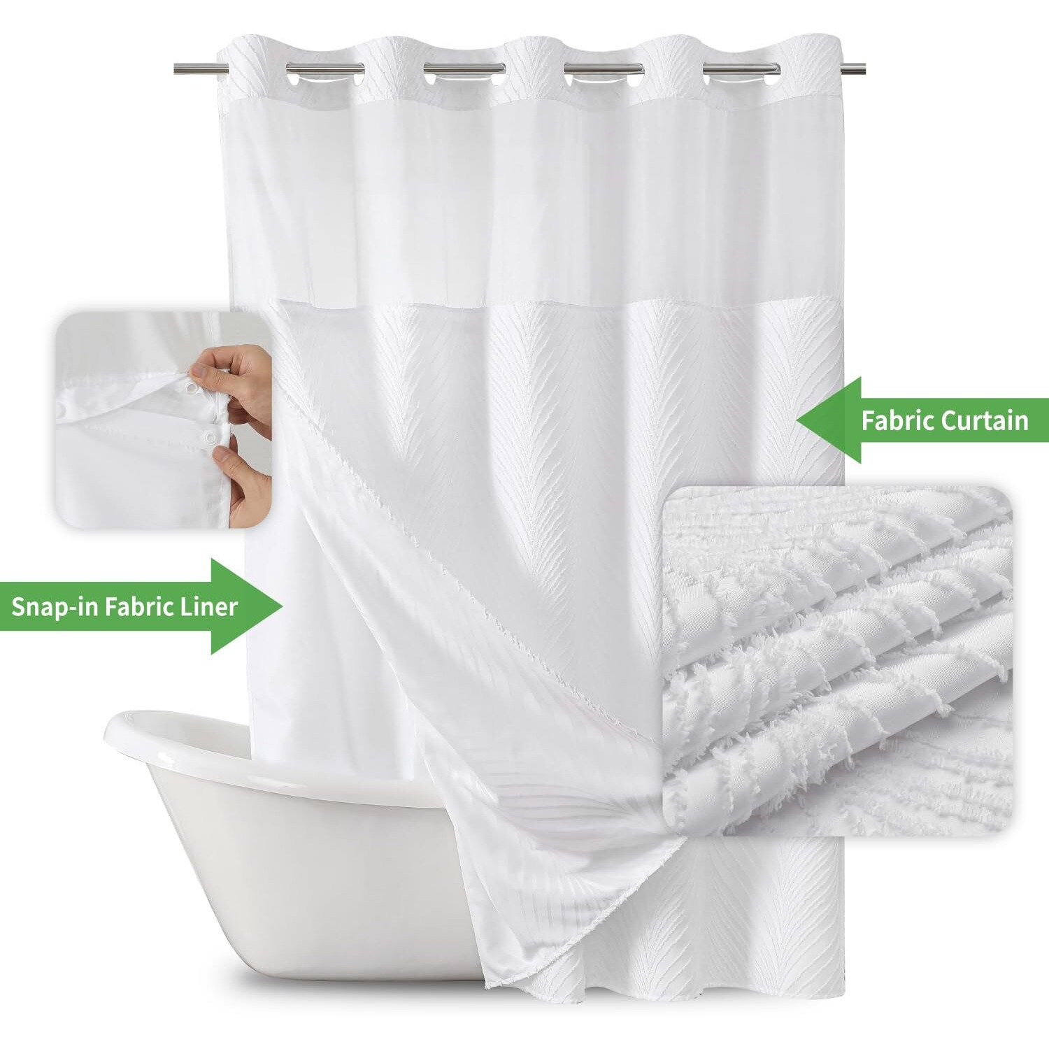 Eachope Extra Long No Hook Shower Curtain And Liner Set Boho Style With See Through Top Window  Tufted Striped Textured Outer Curtain & Waterproof Inner Liner For Bathroom  White  71Wx98H