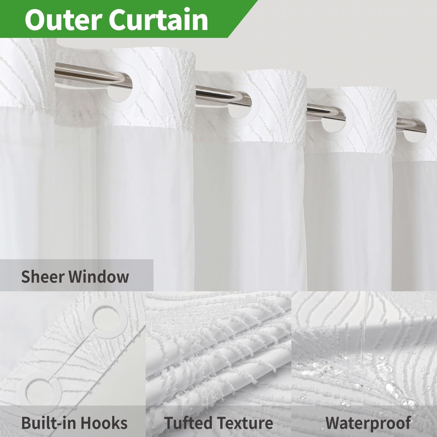 Eachope Extra Long No Hook Shower Curtain And Liner Set Boho Style With See Through Top Window  Tufted Striped Textured Outer Curtain & Waterproof Inner Liner For Bathroom  White  71Wx98H