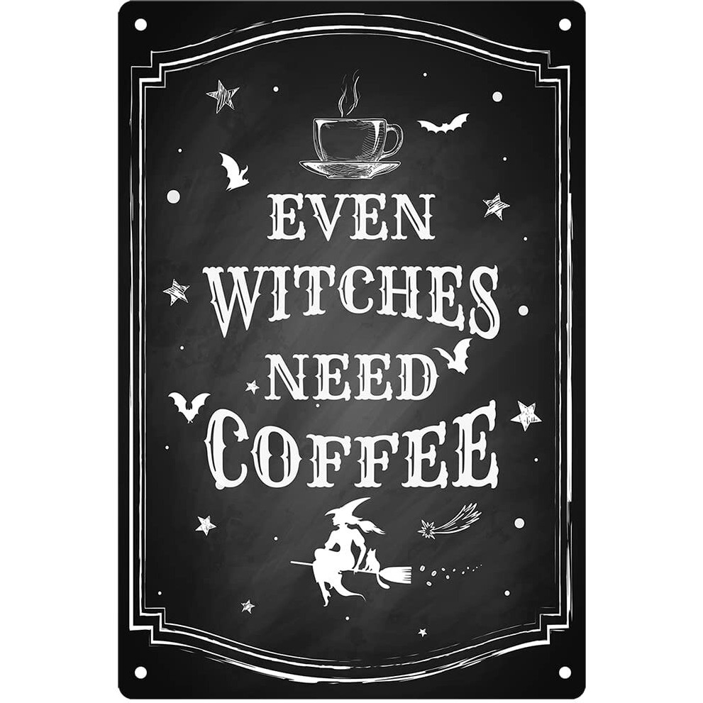 Irisvita Black Witch Decor  Even Witches Need Coffee  Witch Kitchen Decor  Coffee Bar Decor  Kitchen Witch Coffee Sign  Vintage Halloween Decorations Indoor  Gothic Wall Decor  11.75 X 7.8 Inches