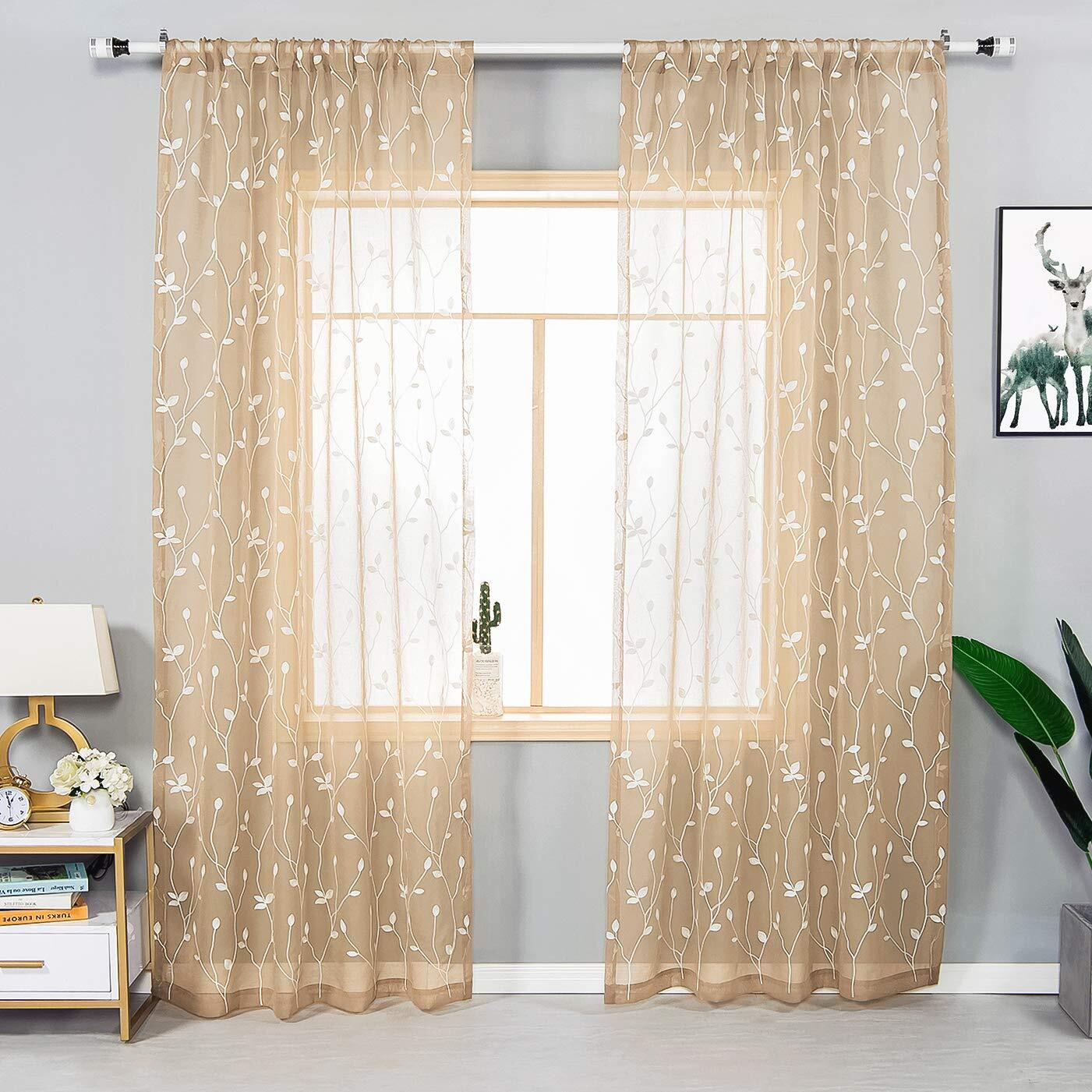 Amhoo 2 Panels Embroidered Leaf Pattern Semi Sheer Curtains Foliage Floral Voile Window Draperies Treatment For Bedroom Living Room Rod Pocket Beige 53 X 95 Inch