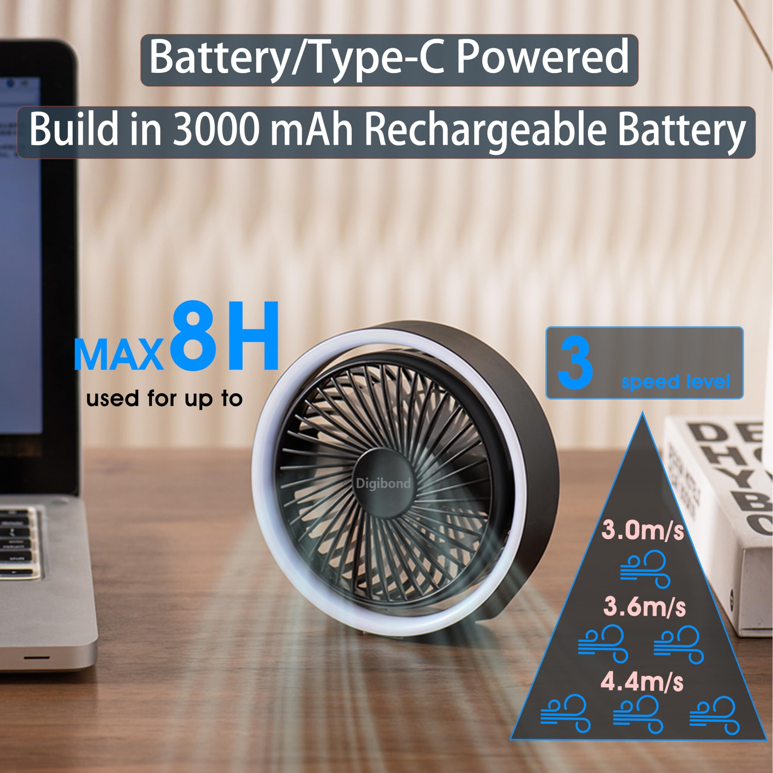 Digibond Mini Desk Fan  Battery Powered Fan  3 Speed 5.3In Strong Airflow Quiet Small Fans For Bedroom With Led Night Light Air Circulator Table Fan  180Rotated (Black)