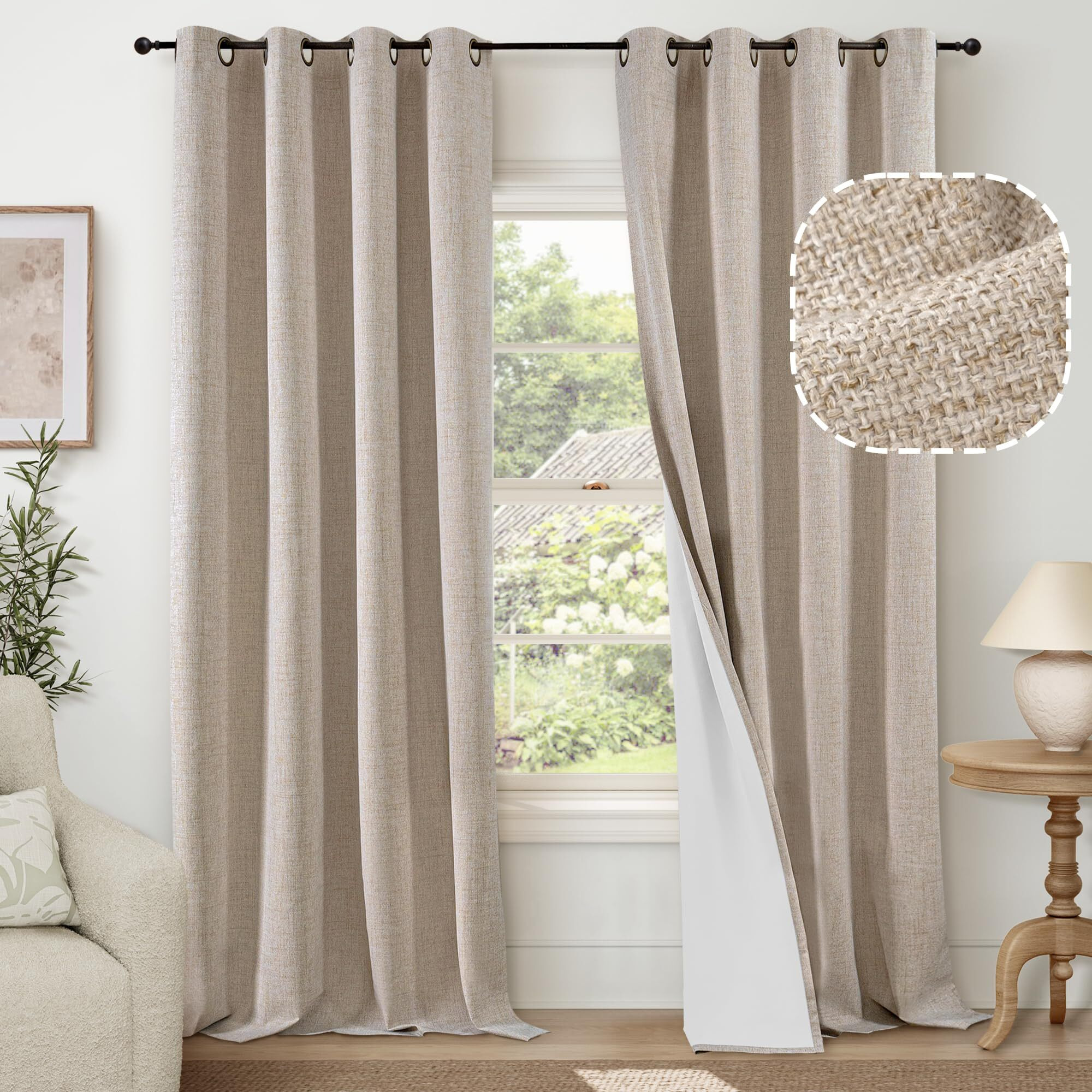 Lajode Beige 100% Blackout Linen Curtains For Living Room 95 Inch Length 2 Panels Set  Faux Linen Thermal Insulated Light Blocking Curtains For Bedroom  Bronze Grommet Boho Window Drape Each 52"" Wide