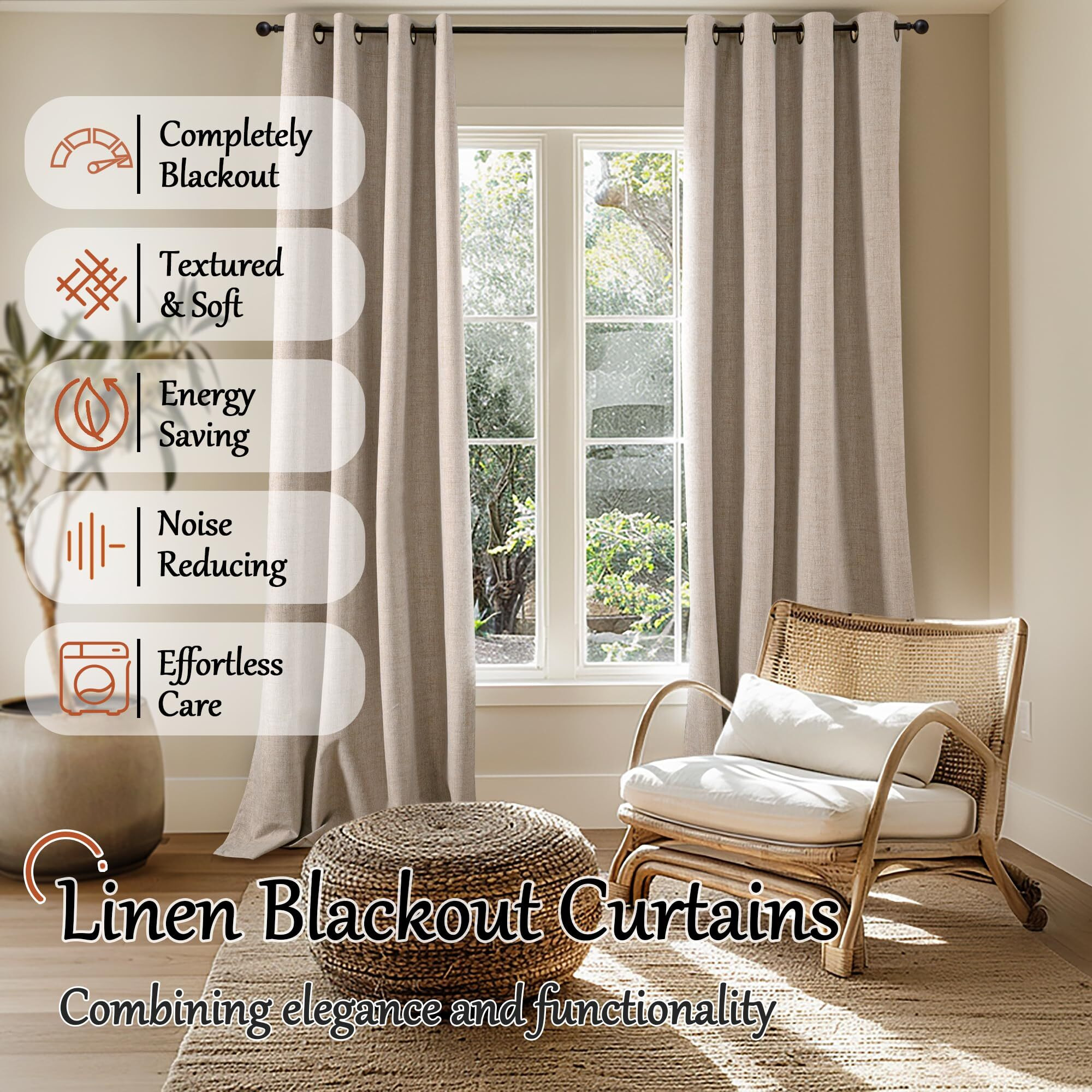 Lajode Beige 100% Blackout Linen Curtains For Living Room 95 Inch Length 2 Panels Set  Faux Linen Thermal Insulated Light Blocking Curtains For Bedroom  Bronze Grommet Boho Window Drape Each 52"" Wide