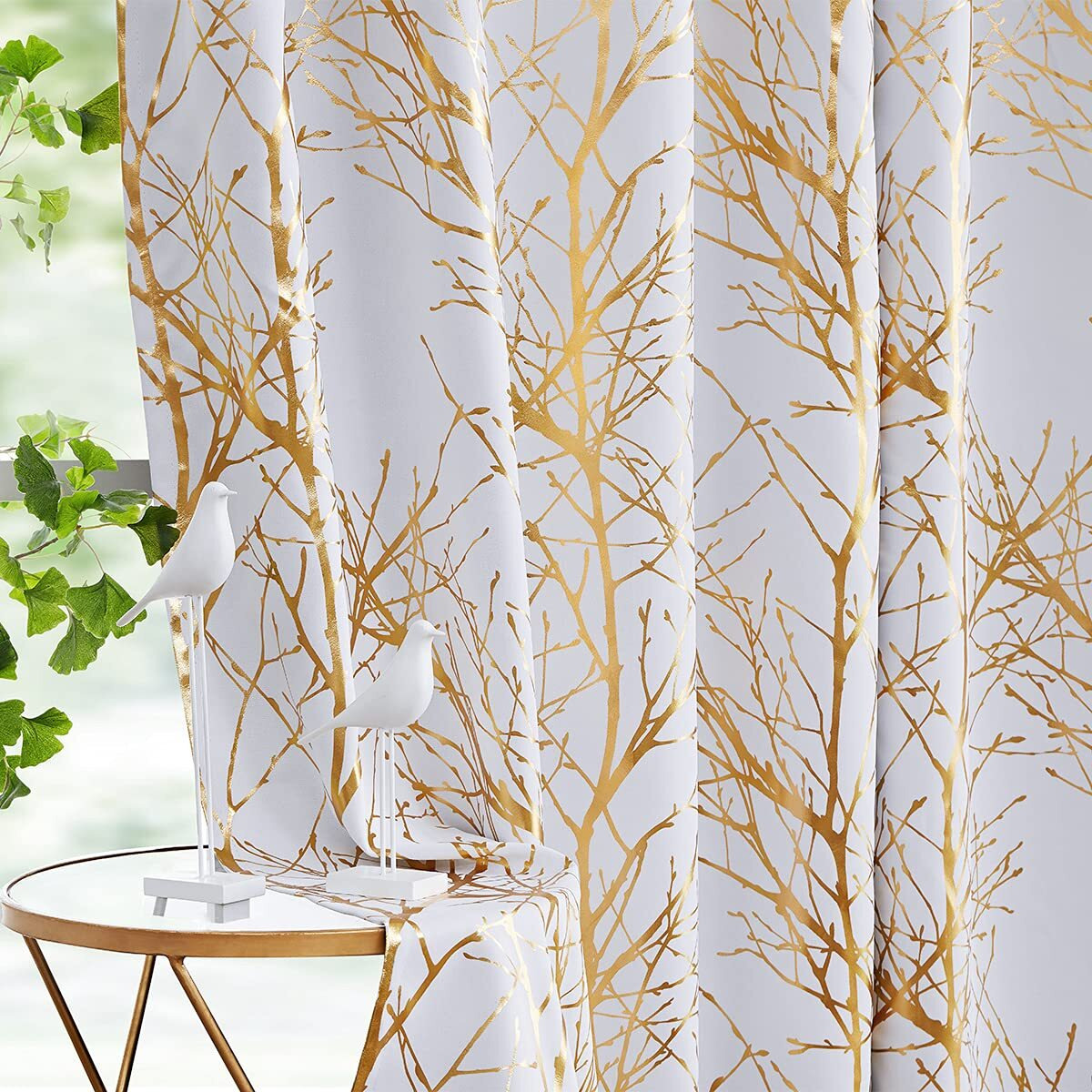 Fmfunctex Branch White Blackout Curtains 63"" Gold White Tree Curtains For Bedroom Living Room Darkening Window Curtain Panels For Nursery Guest Room Grommet Top 2 Panels