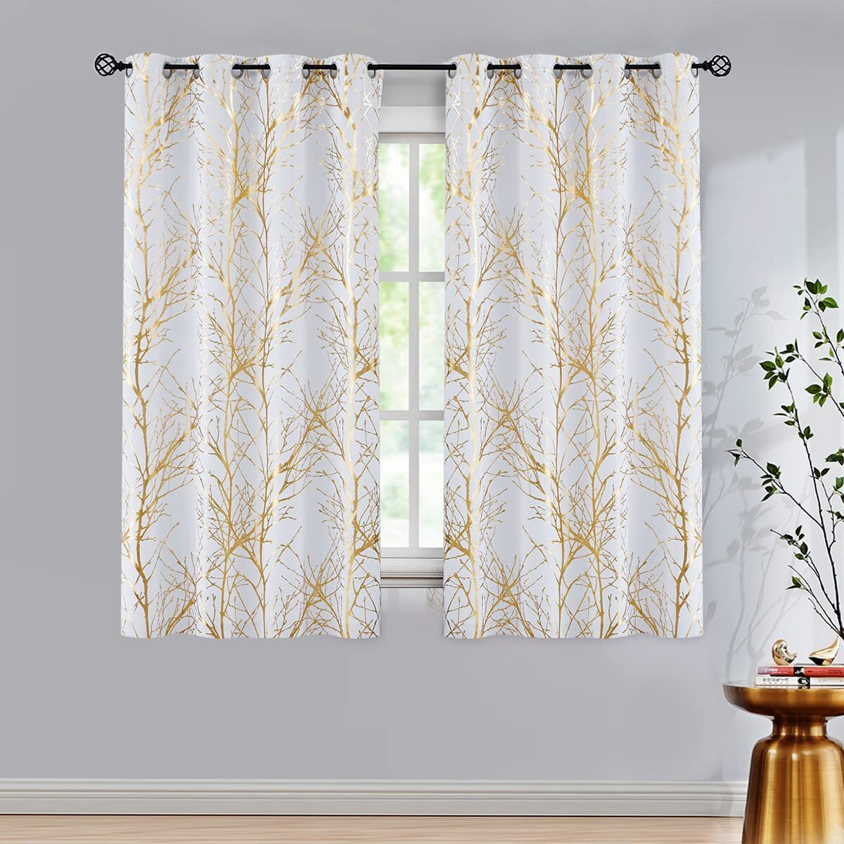 Fmfunctex Branch White Blackout Curtains 63"" Gold White Tree Curtains For Bedroom Living Room Darkening Window Curtain Panels For Nursery Guest Room Grommet Top 2 Panels