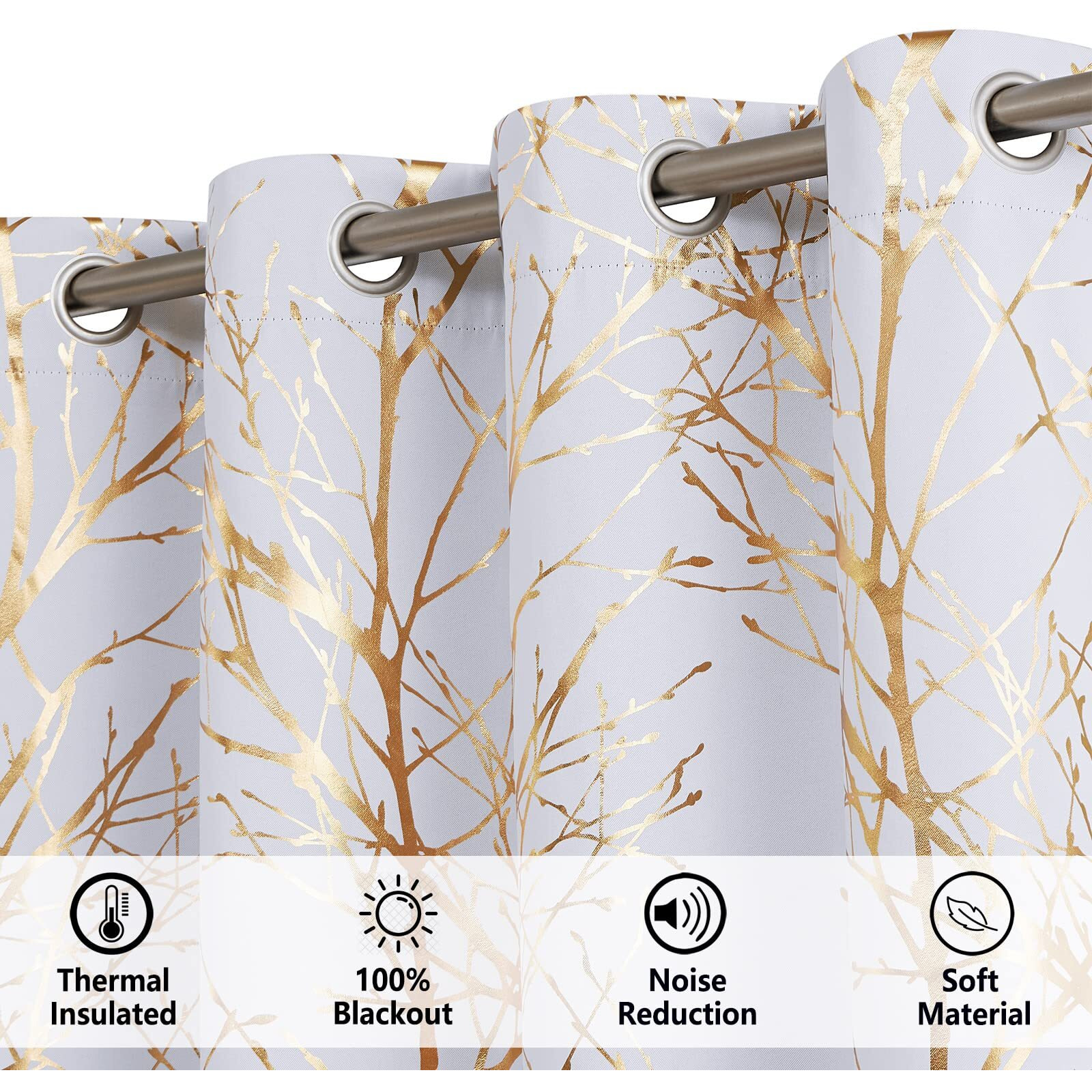 Fmfunctex Branch White Blackout Curtains 63"" Gold White Tree Curtains For Bedroom Living Room Darkening Window Curtain Panels For Nursery Guest Room Grommet Top 2 Panels