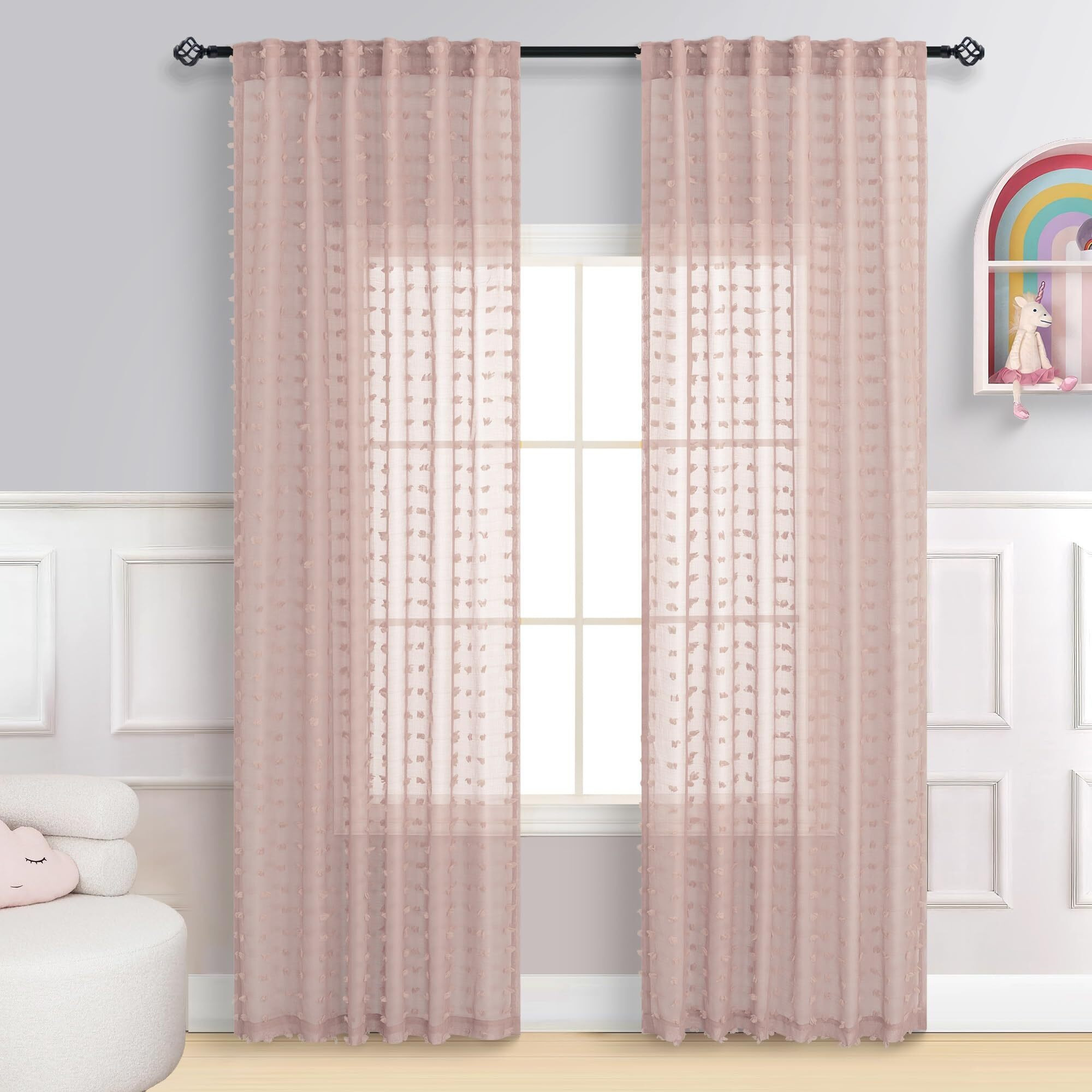 Dancurton Sheer Pink Curtains 90 Inches Long 2 Panels Set Pom Pom Semi Sheer Drapes For Girls Room Kids Nursery Back Tab Rod Pocket Cute Polka Dot Curtains 90 Inch Length For Bedroom 52X90 Dusty Pink