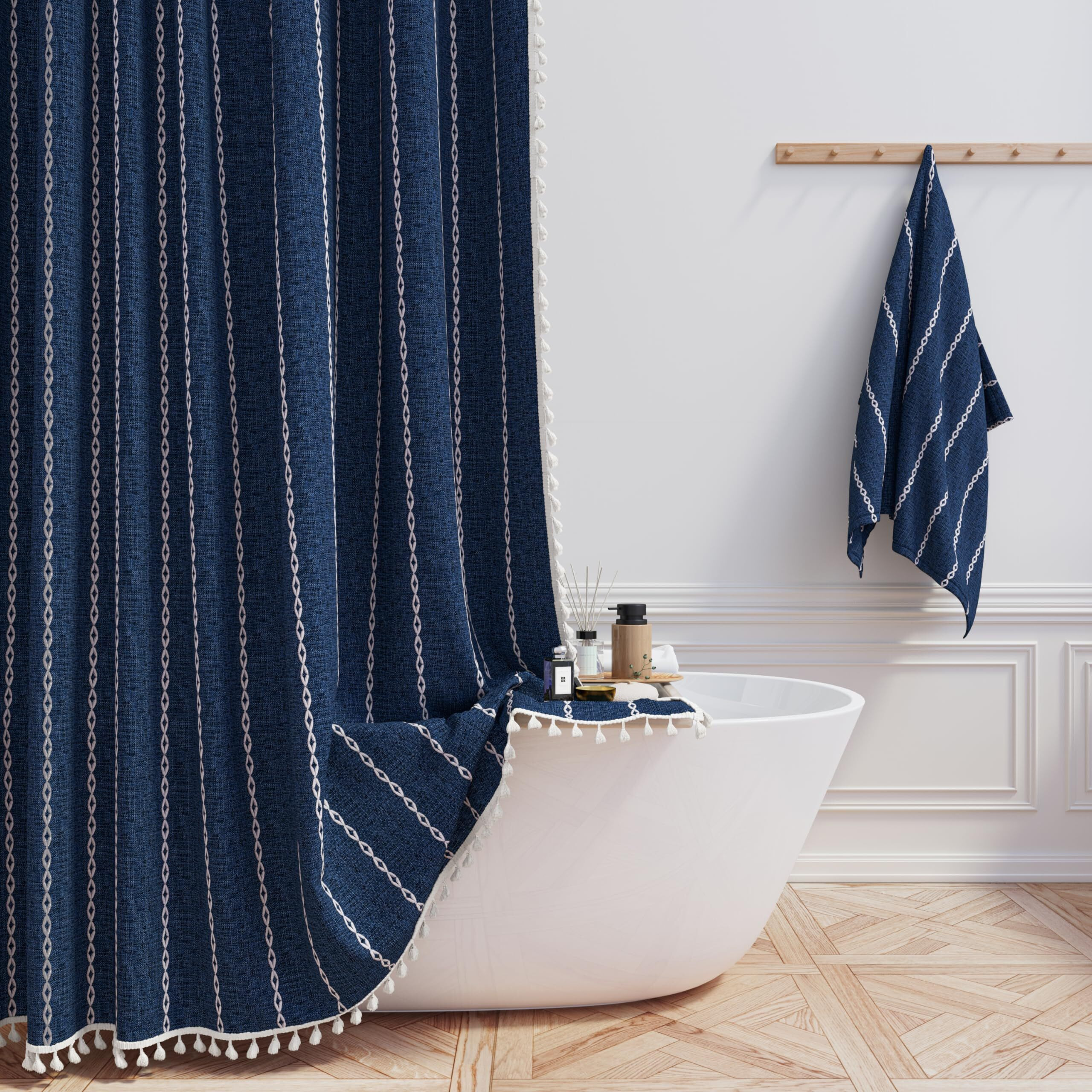Bttn Boho Farmhouse Shower Curtain - Linen Rustic Weighted Striped Fabric Shower Curtain Set With Tassel  Water Repellent  Bohemian Vintage Country Cloth Shower Curtain For Bathroom  Navy Blue  72X72