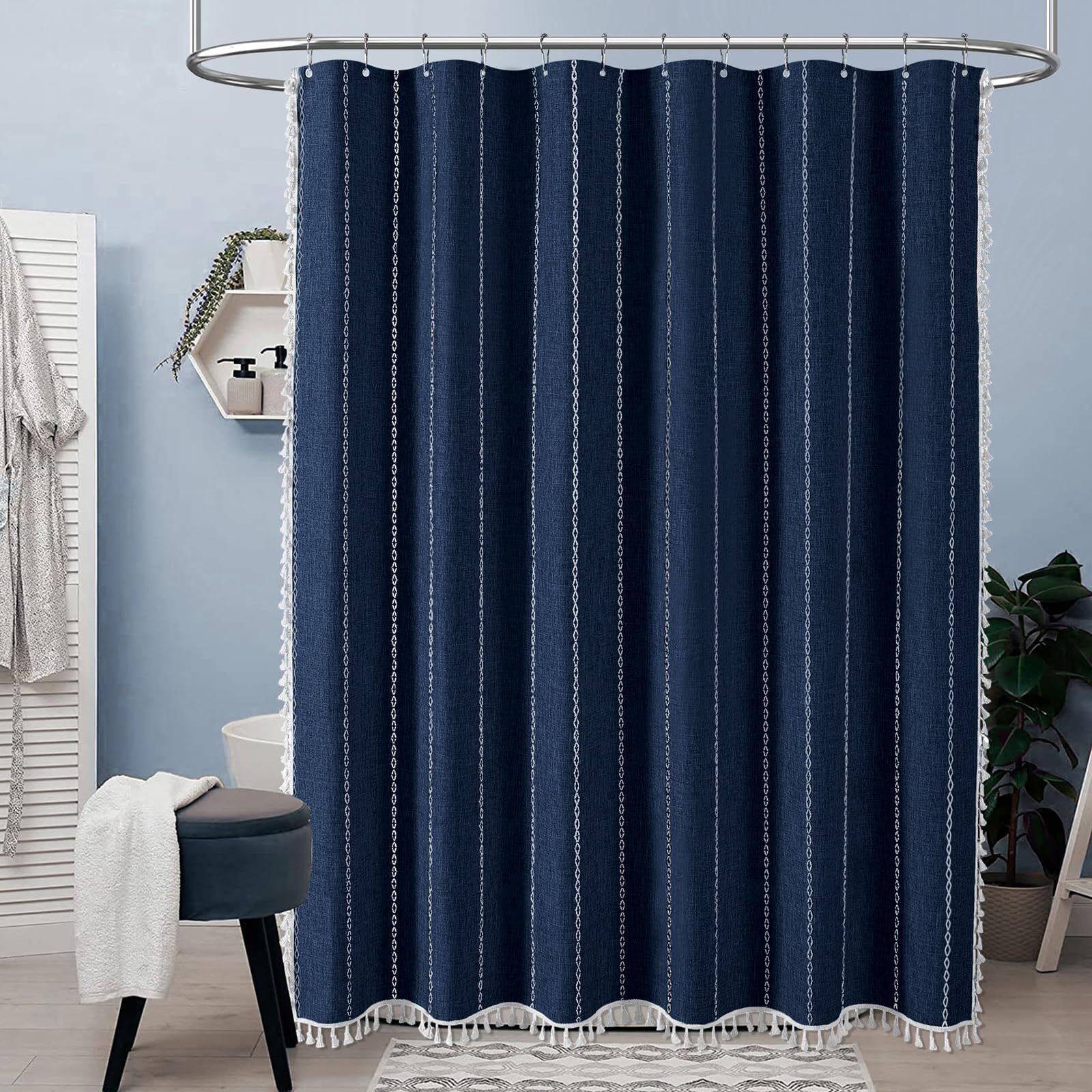Bttn Boho Farmhouse Shower Curtain - Linen Rustic Weighted Striped Fabric Shower Curtain Set With Tassel  Water Repellent  Bohemian Vintage Country Cloth Shower Curtain For Bathroom  Navy Blue  72X72