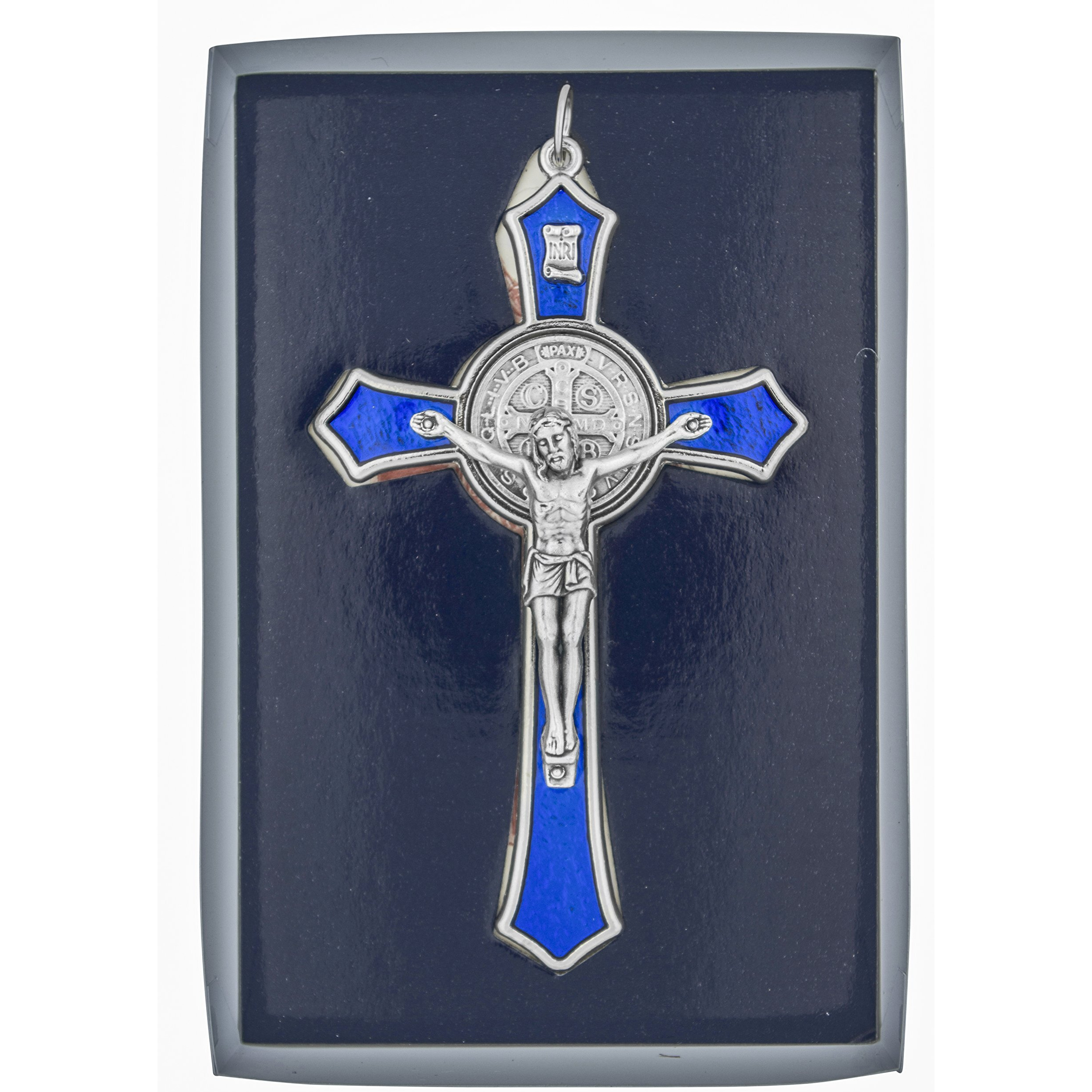 Large Saint Benedict Pectoral Cross With Colored Enamel (Blue)