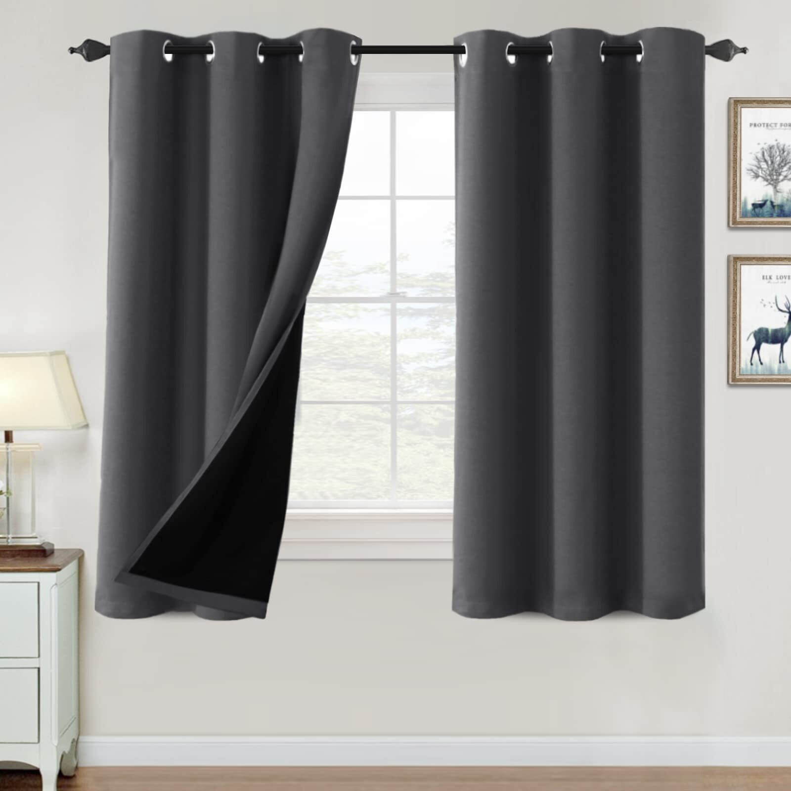 H.Versailtex 100% Blackout Curtains For Bedroom Thermal Insulated Blackout Curtains 63 Inch Length Heat And Full Light Blocking Curtains For Living Room With Black Liner 2 Panels  Charcoal Gray