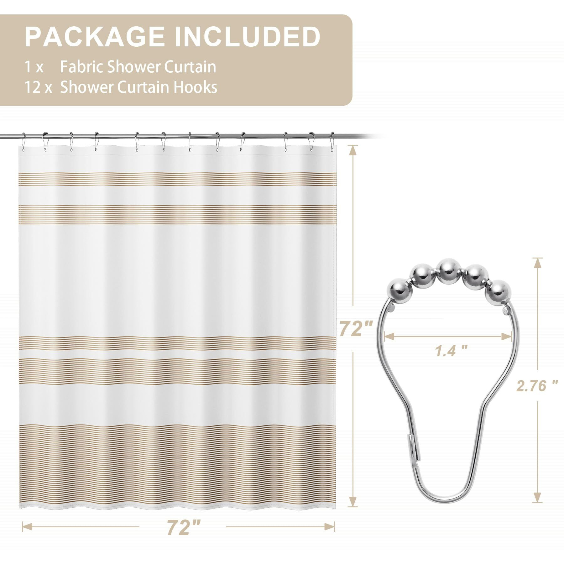 Amazerbath Neutral Shower Curtain  72X72 Washable Cloth Light Tan Shower Curtain With 12 Shower Curtain Hooks  Fabric Khaki And White Striped Shower Curtain Set  Farmhouse Bathroom Shower Curtain