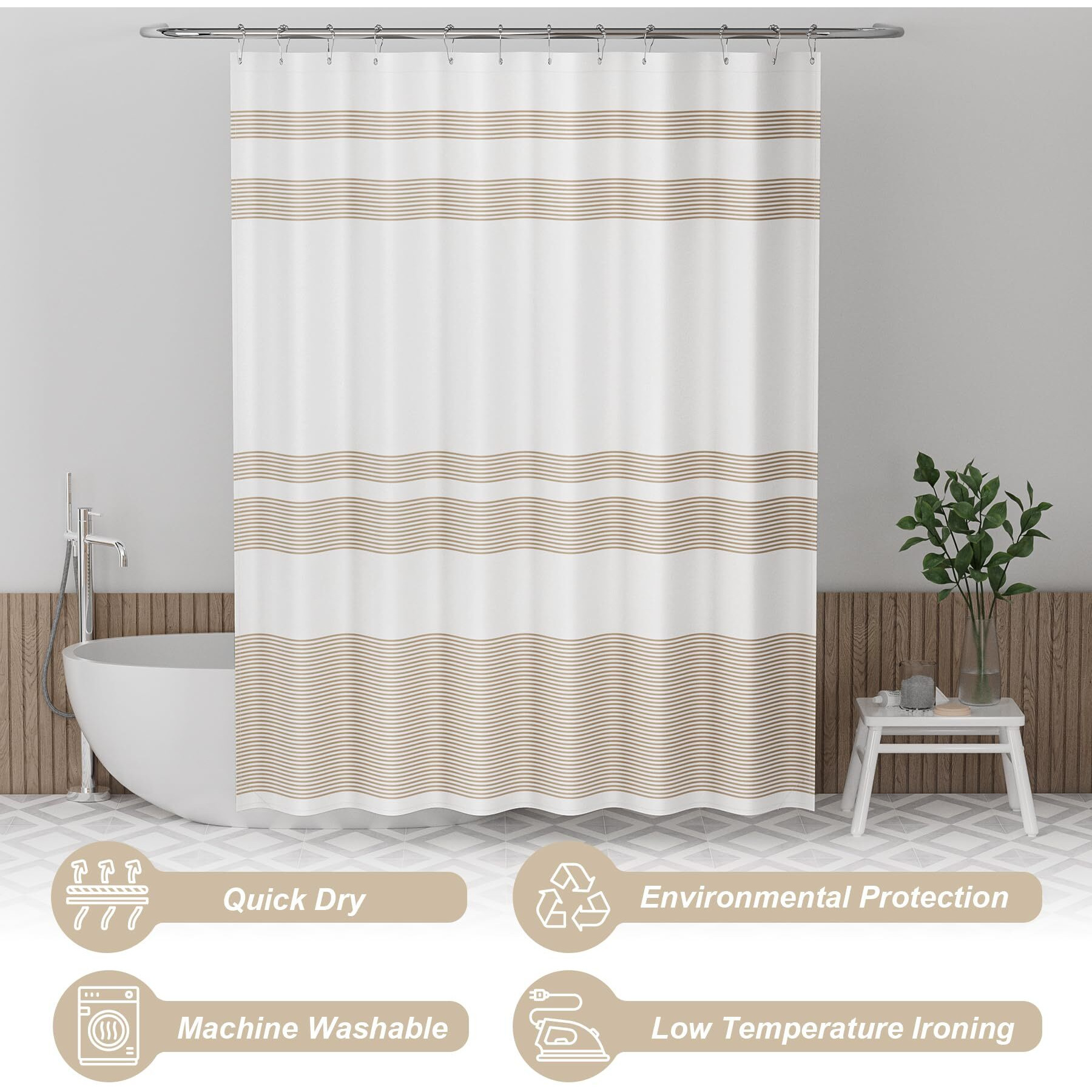 Amazerbath Neutral Shower Curtain  72X72 Washable Cloth Light Tan Shower Curtain With 12 Shower Curtain Hooks  Fabric Khaki And White Striped Shower Curtain Set  Farmhouse Bathroom Shower Curtain