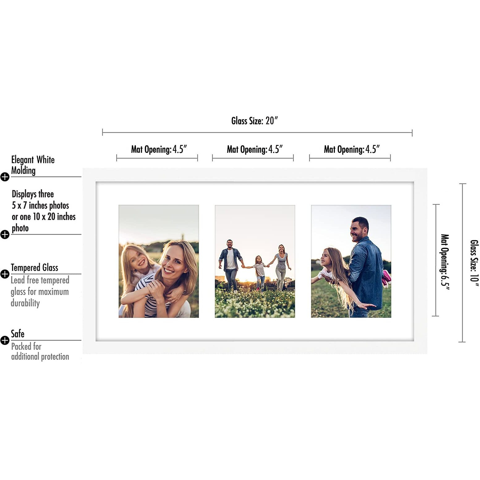 Americanflat 10X20 Collage Picture Frame In White - Displays Three 5X7 Frame Openings - Engineered Wood Panoramic Picture Frame With Plexiglass - Horizontal And Vertical Formats For Wall