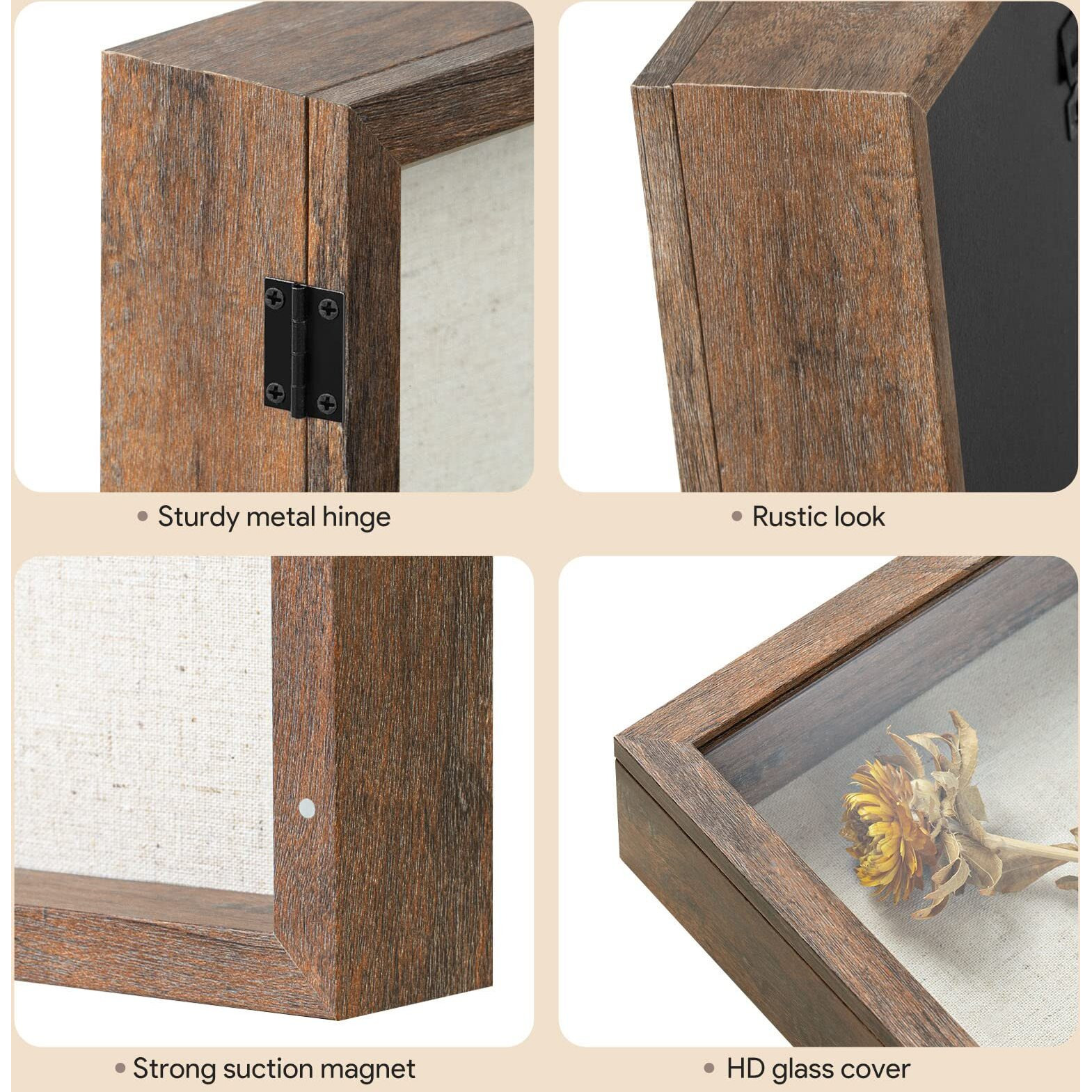 5X5 Small Shadow Box Frame With Linen Back - Sturdy Rustic Memory Display Case Of Flower  Pictures  Medals And More  Rustic Brown