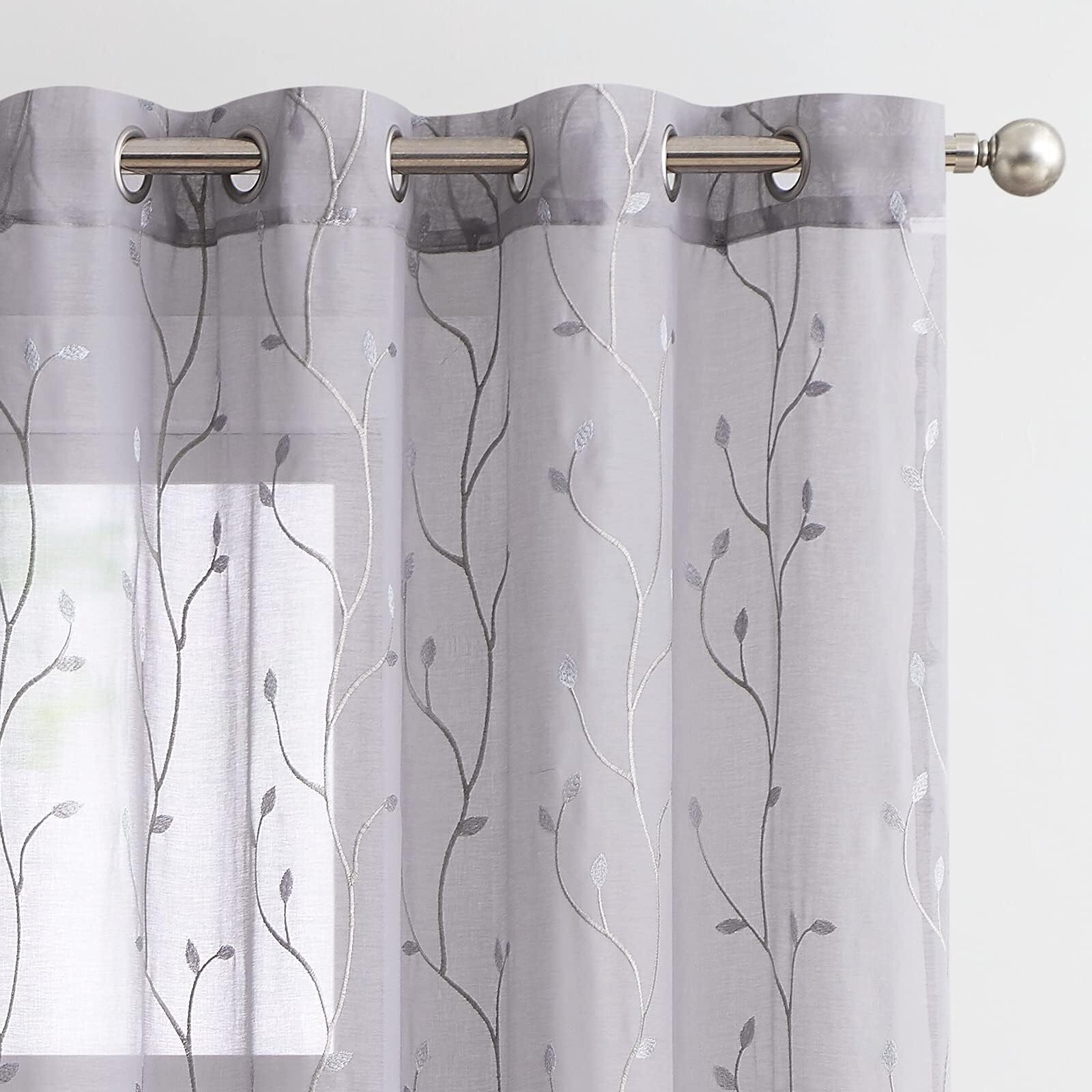 Jinchan Grey Sheer Curtains For Bedroom 96 Inch Long Floral Embroidered Sheers For Living Room Embroidery Voile Grommet Window Curtain 2 Panels