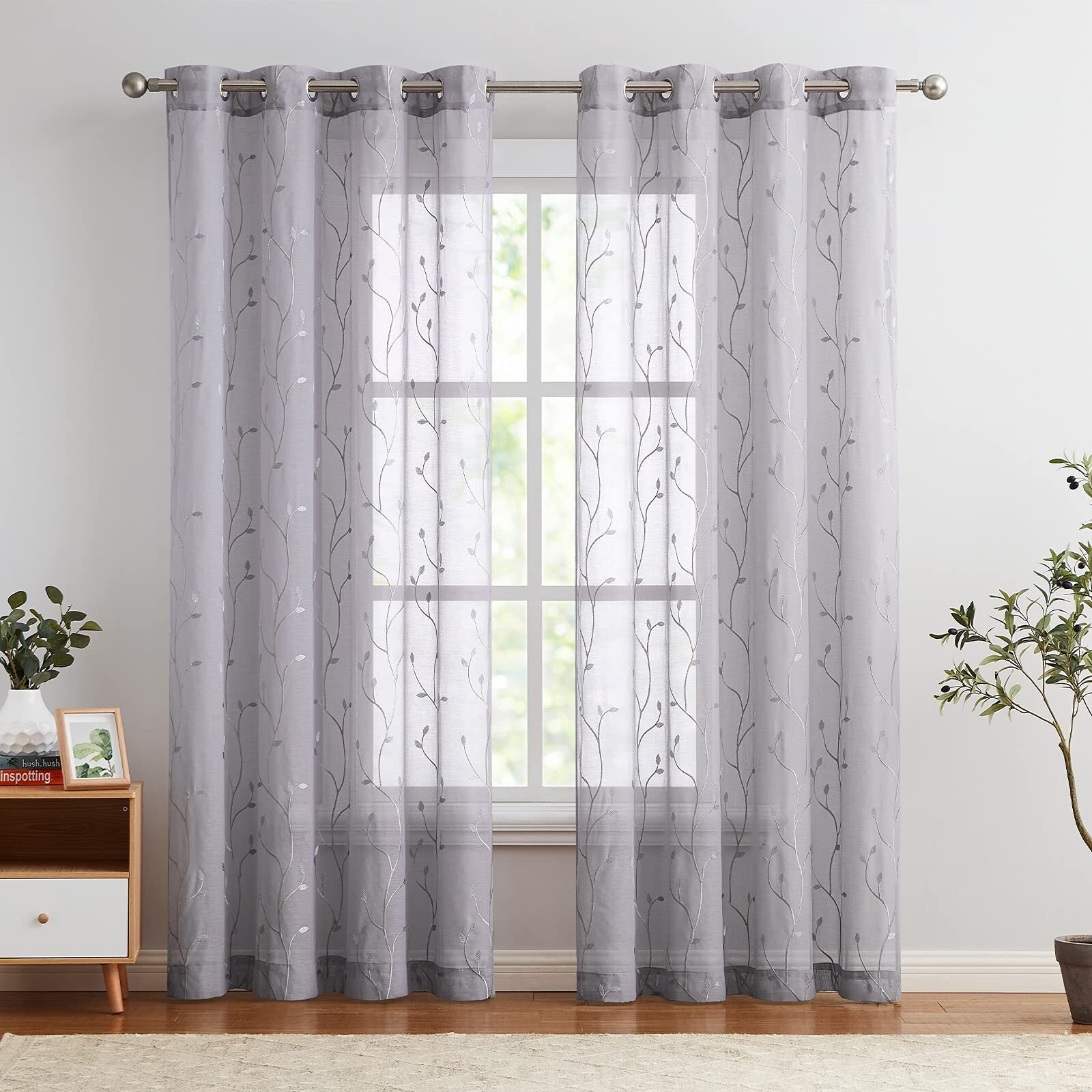 Jinchan Grey Sheer Curtains For Bedroom 96 Inch Long Floral Embroidered Sheers For Living Room Embroidery Voile Grommet Window Curtain 2 Panels