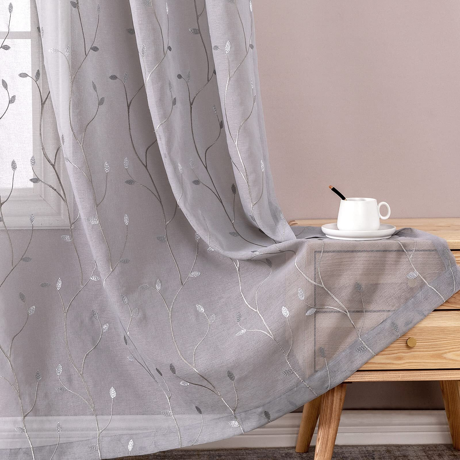 Jinchan Grey Sheer Curtains For Bedroom 96 Inch Long Floral Embroidered Sheers For Living Room Embroidery Voile Grommet Window Curtain 2 Panels