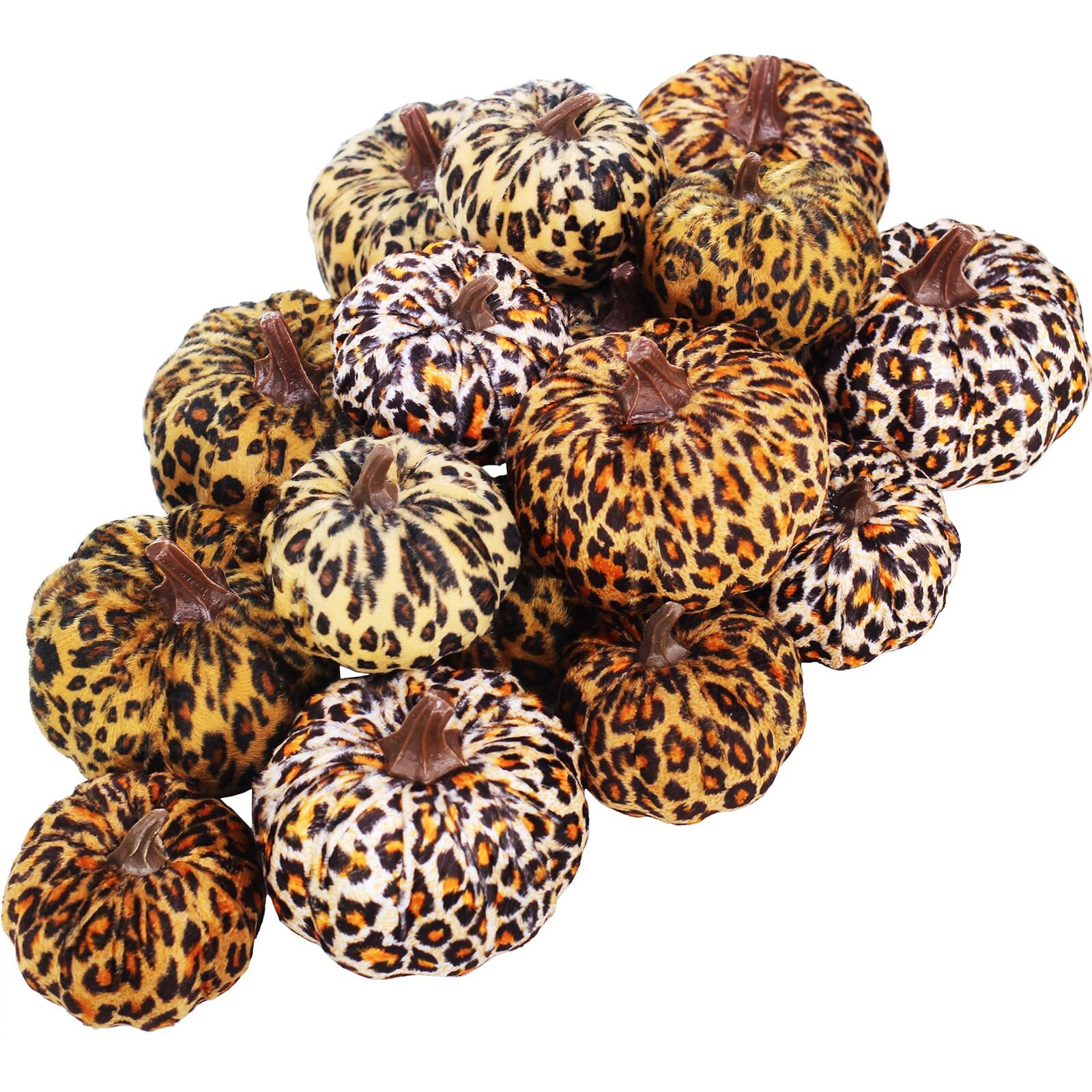 Winlyn 16 Pcs Assorted Small Faux Leopard Print Velvet Pumpkins Decorative Cheetah Print Fabric Foam Pumpkins For Rustic Fall Halloween Thanksgiving Table Centerpiece Mantel Kitchen Decoration