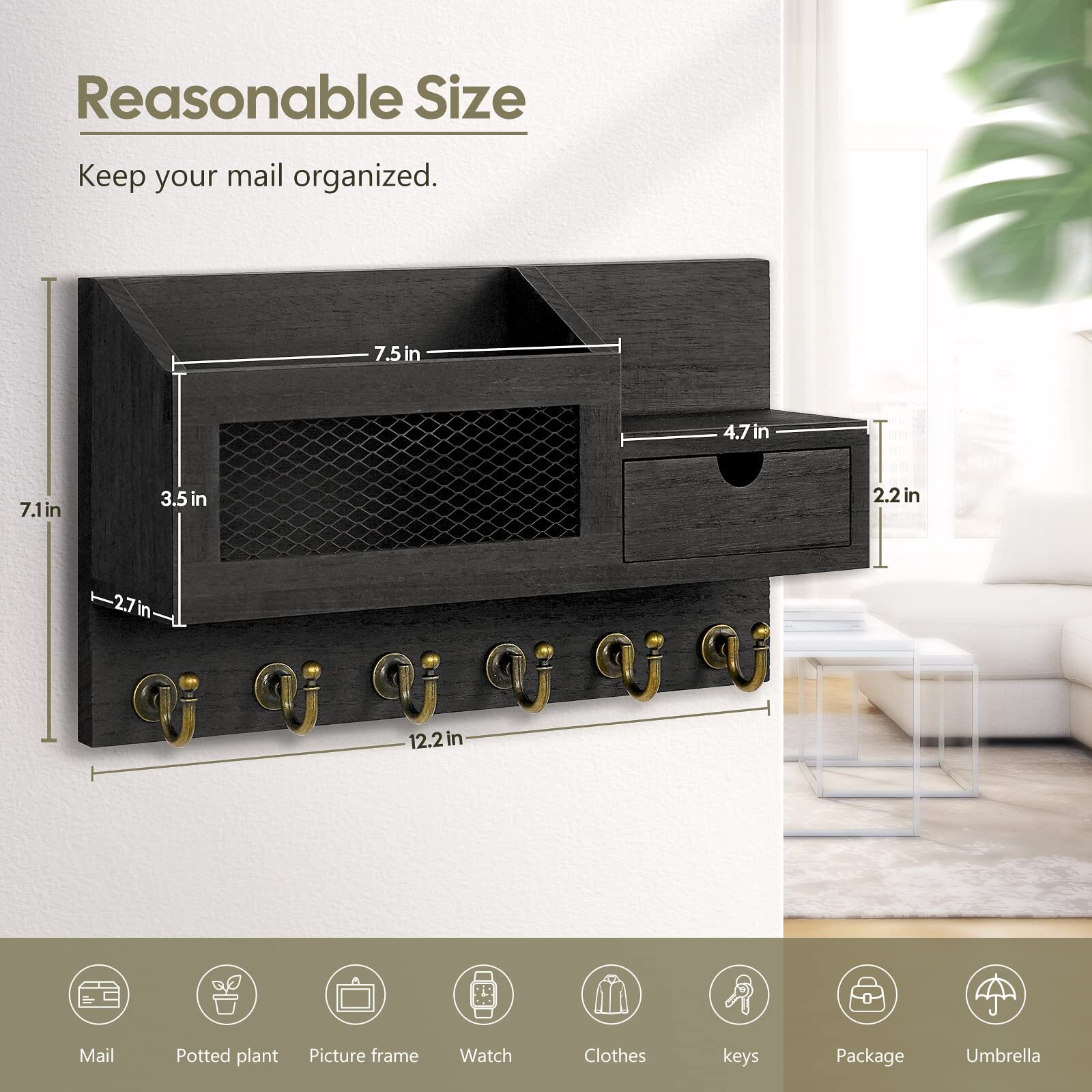 Fifthquarter Key And Mail Holder For Wall  Mail Organizer Wall Mount With 6 Hooks And Storage Drawer  Easy Installation Key Rack For Entryway And Home Decor (B-Black)