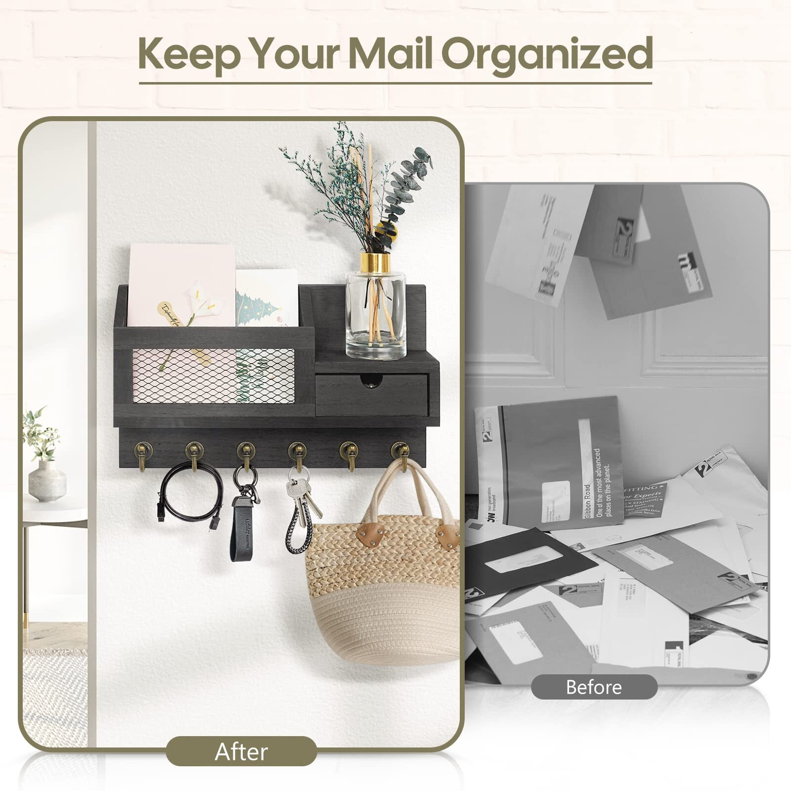 Fifthquarter Key And Mail Holder For Wall  Mail Organizer Wall Mount With 6 Hooks And Storage Drawer  Easy Installation Key Rack For Entryway And Home Decor (B-Black)