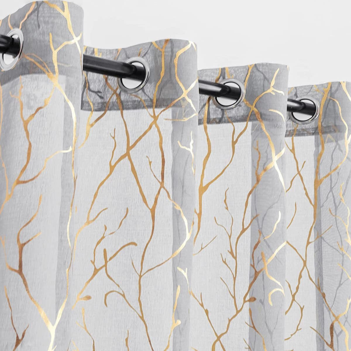 Kotile Tree Curtains For Living Room - Gold Foil Tree Branch Sheer Curtains 84 Inch Length For Bedroom  Grommet Top Privacy Window Tree Curtains Grey  52 X 84 Inch  2 Panels  Grey Gold