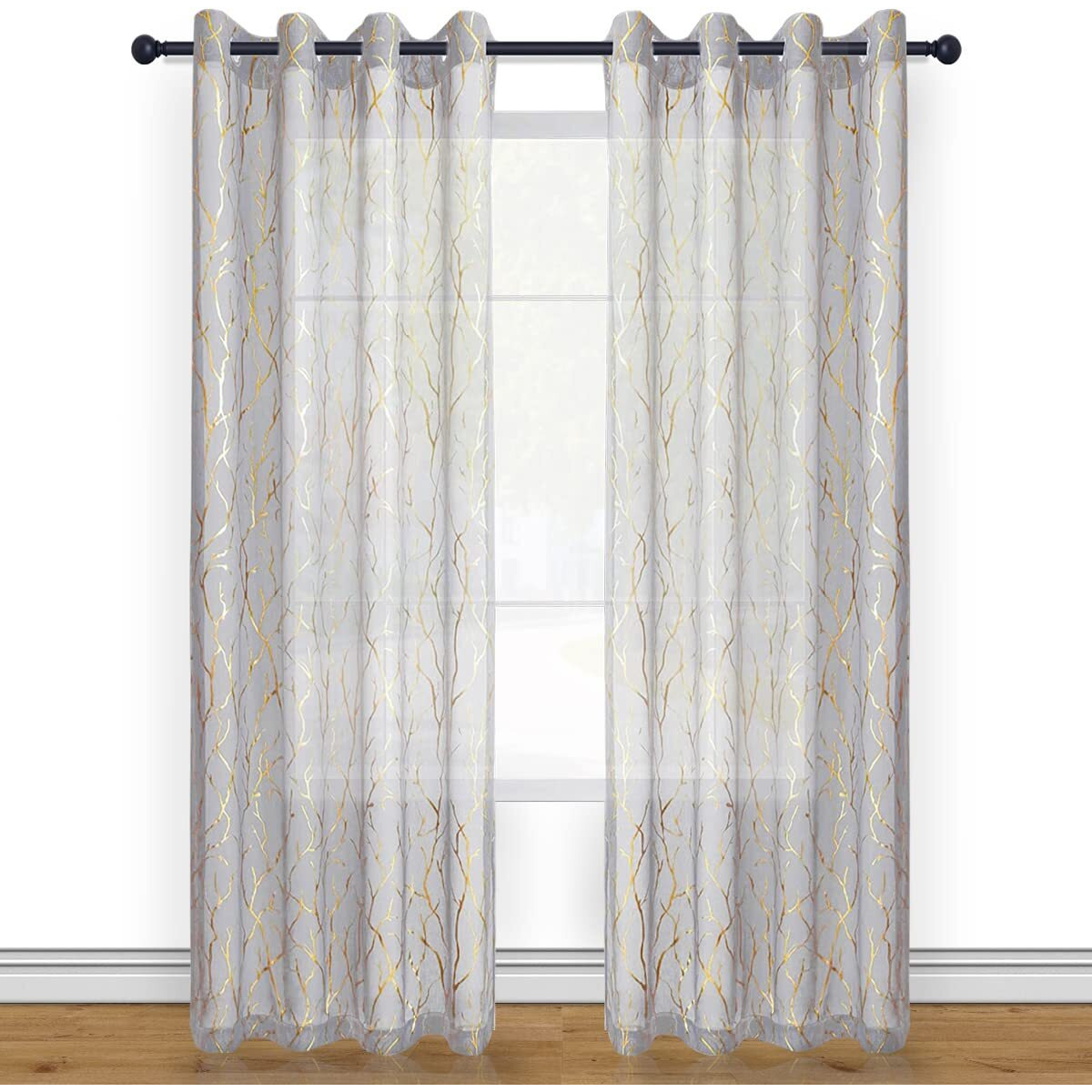 Kotile Tree Curtains For Living Room - Gold Foil Tree Branch Sheer Curtains 84 Inch Length For Bedroom  Grommet Top Privacy Window Tree Curtains Grey  52 X 84 Inch  2 Panels  Grey Gold
