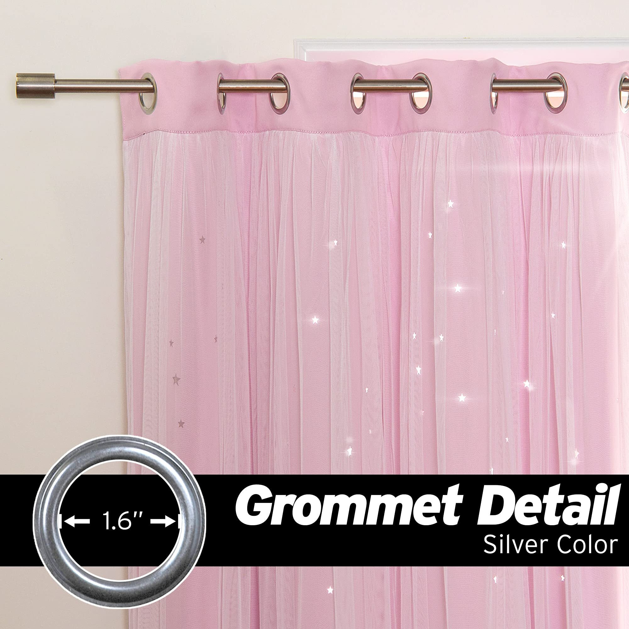 Best Home Fashion Set Of 2 Tulle Overlay Star Cut Out Silver Grommet Curtains For Bedroom  Living Room  Kids Room  Sun Blocking Thermal Insulated Blackout Window Curtains (52"" W X 84"" L  New Pink)
