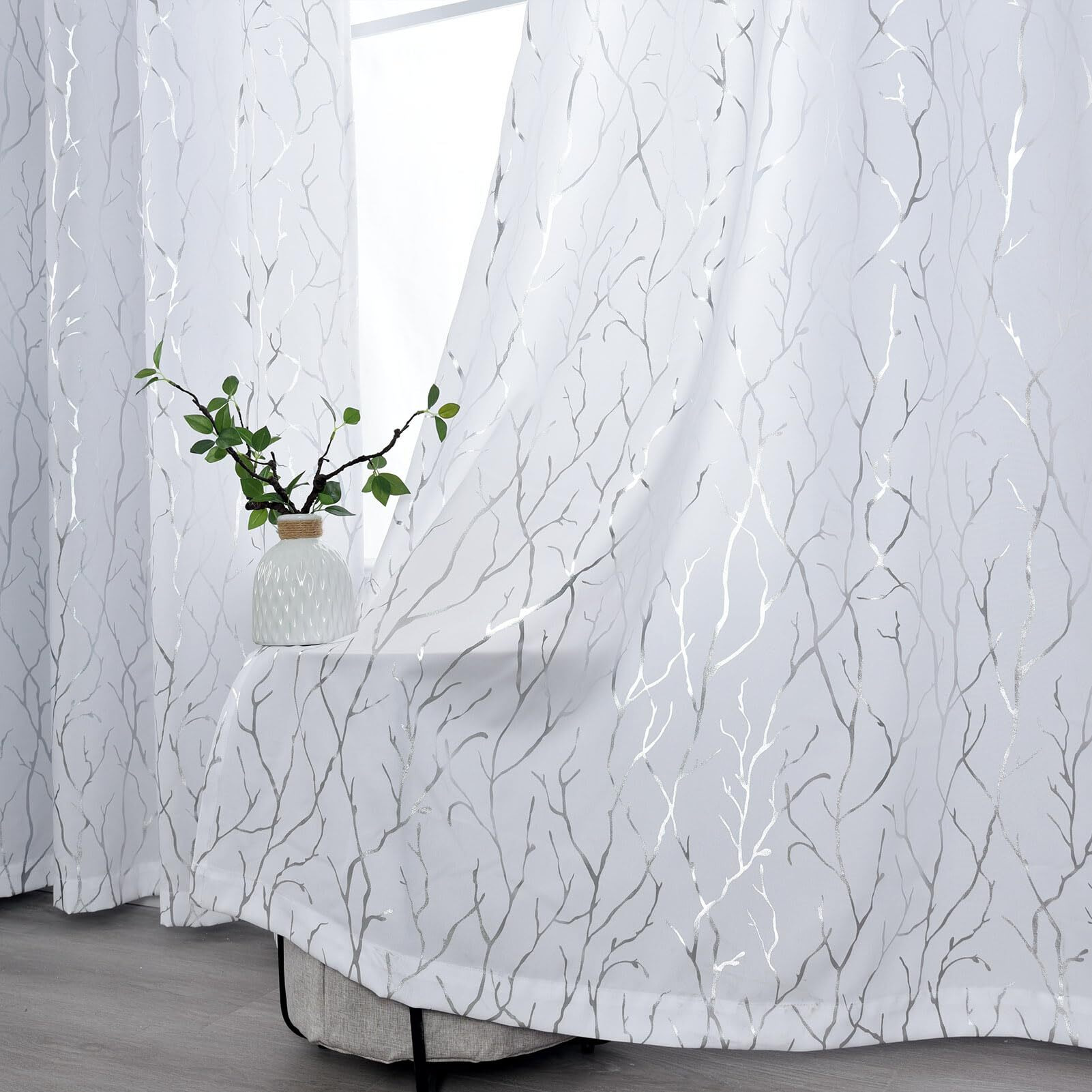Kotile Silver White Curtains 95 Inches Long  Metallic Silver Foil Tree Branch Glitter White Curtains For Living Room  Grommet Privacy Semi-Sheer Curtains  52 X 95 Inch  2 Panels  Silver White