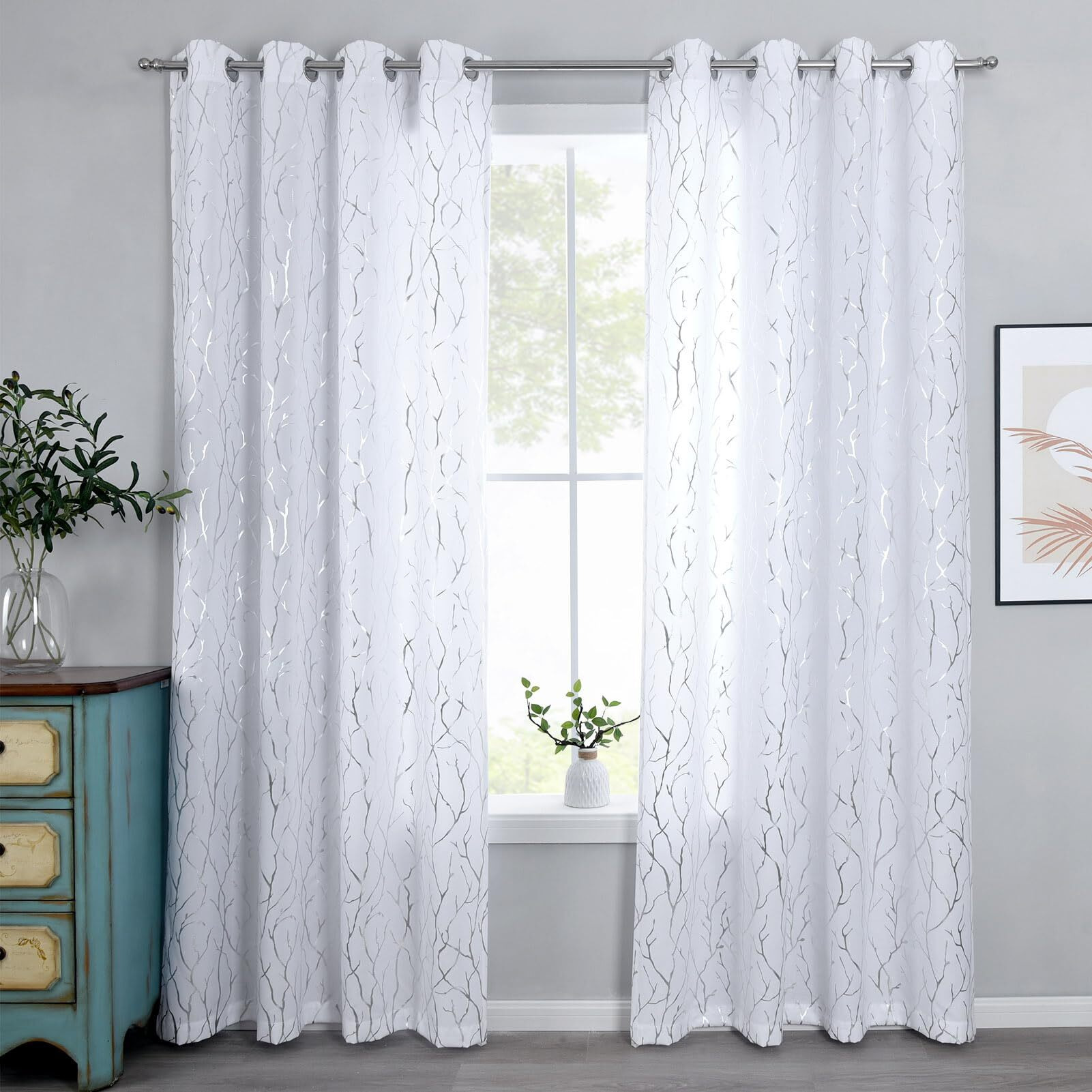 Kotile Silver White Curtains 95 Inches Long  Metallic Silver Foil Tree Branch Glitter White Curtains For Living Room  Grommet Privacy Semi-Sheer Curtains  52 X 95 Inch  2 Panels  Silver White