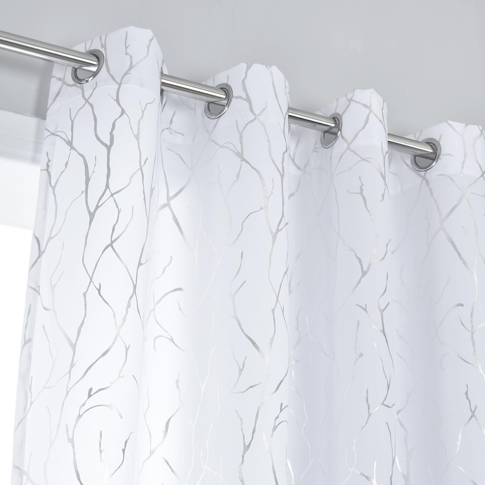 Kotile Silver White Curtains 95 Inches Long  Metallic Silver Foil Tree Branch Glitter White Curtains For Living Room  Grommet Privacy Semi-Sheer Curtains  52 X 95 Inch  2 Panels  Silver White