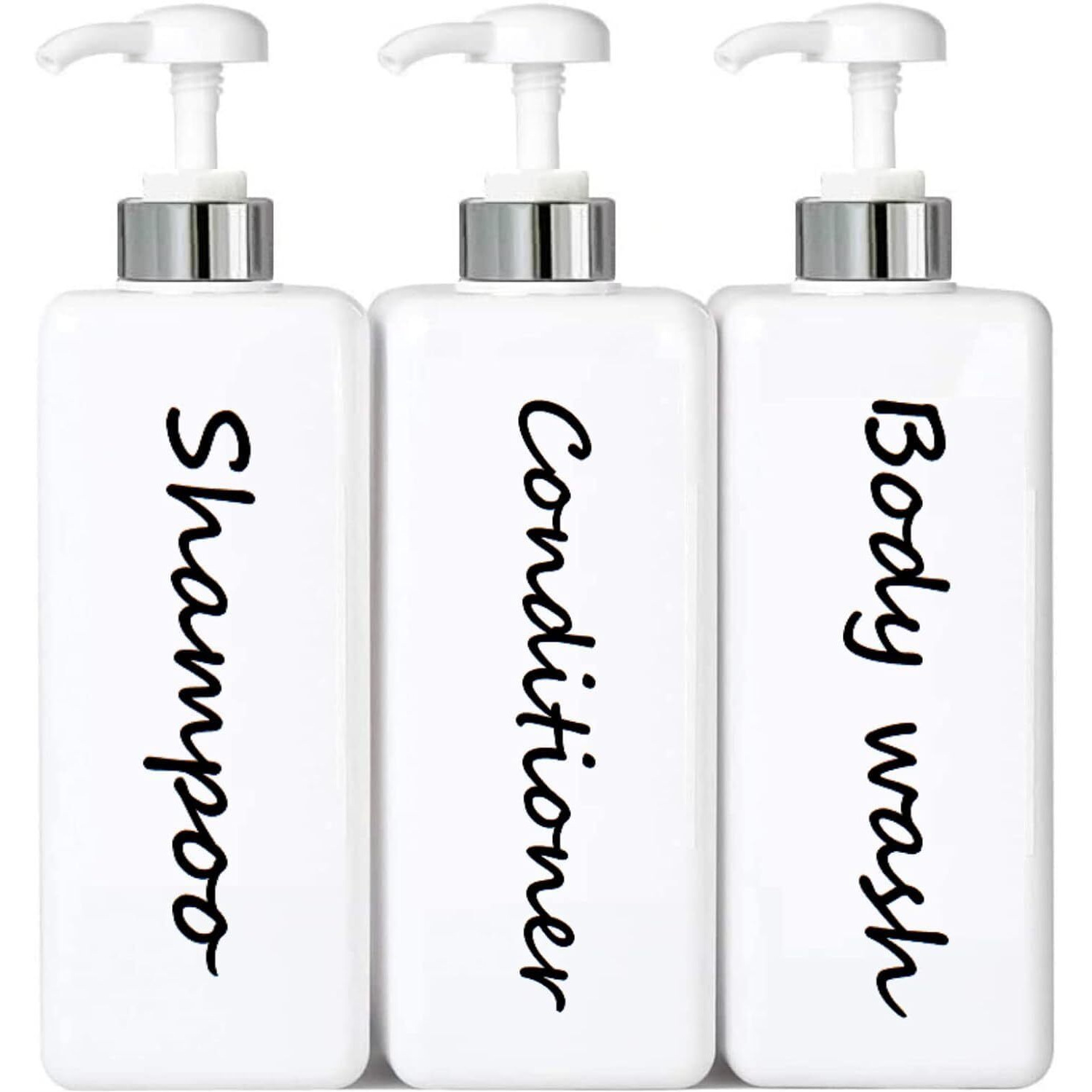 21Oz Shampoo And Conditioner Dispenser (Set Of 3) Modern Refillable Shampoo Pump Bottles For Shower Soap - Empty Shampoo Conditioner Body Wash Dispenser Set - Stylish Permanent Labels - For Bathroom