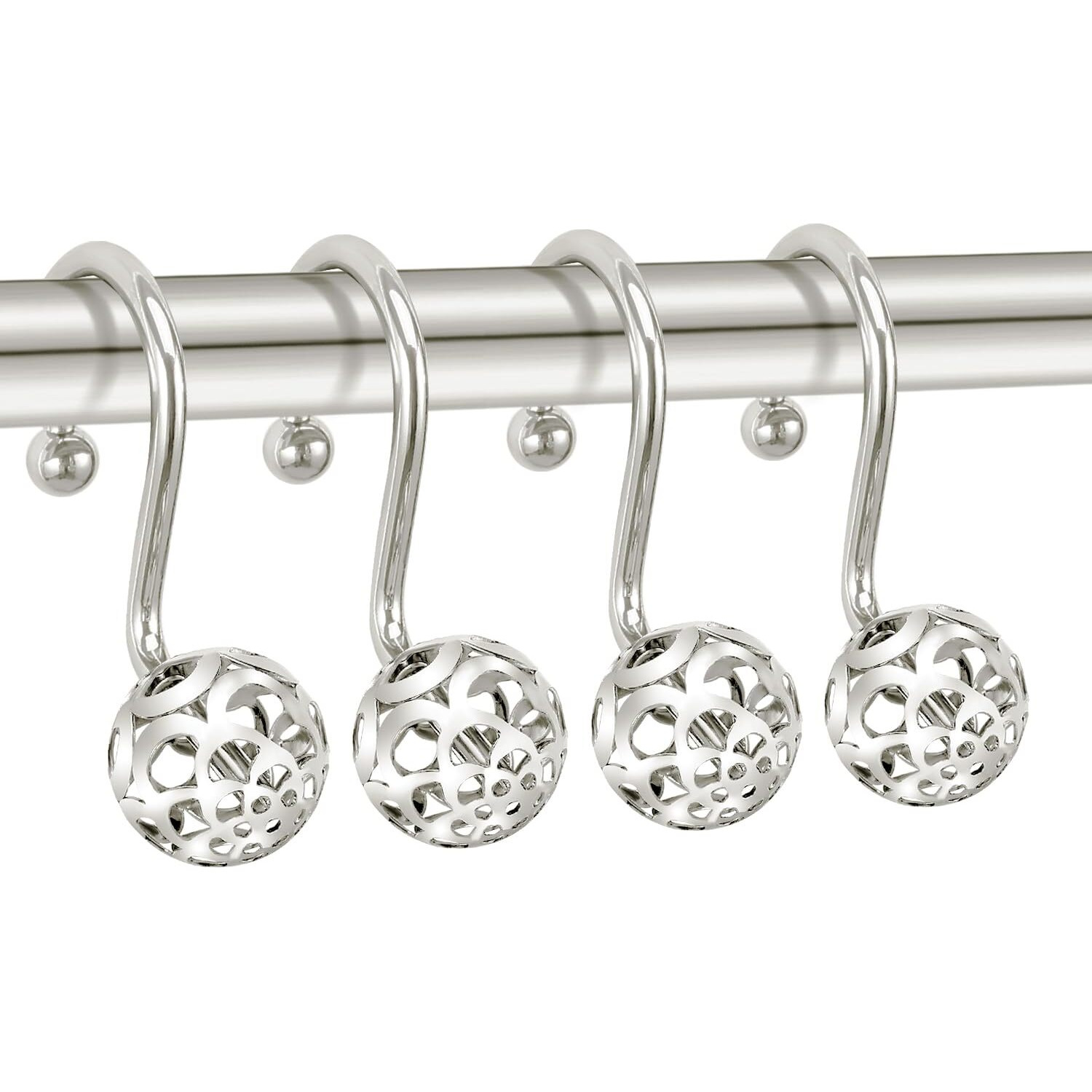 Chictie Nickel Shower Curtain Hooks - Decorative Shower Curtain Rings Set Of 12 Silver Metal Rustproof Shower Hangers For Bathroom Curtains Rods Hollow Ball Design