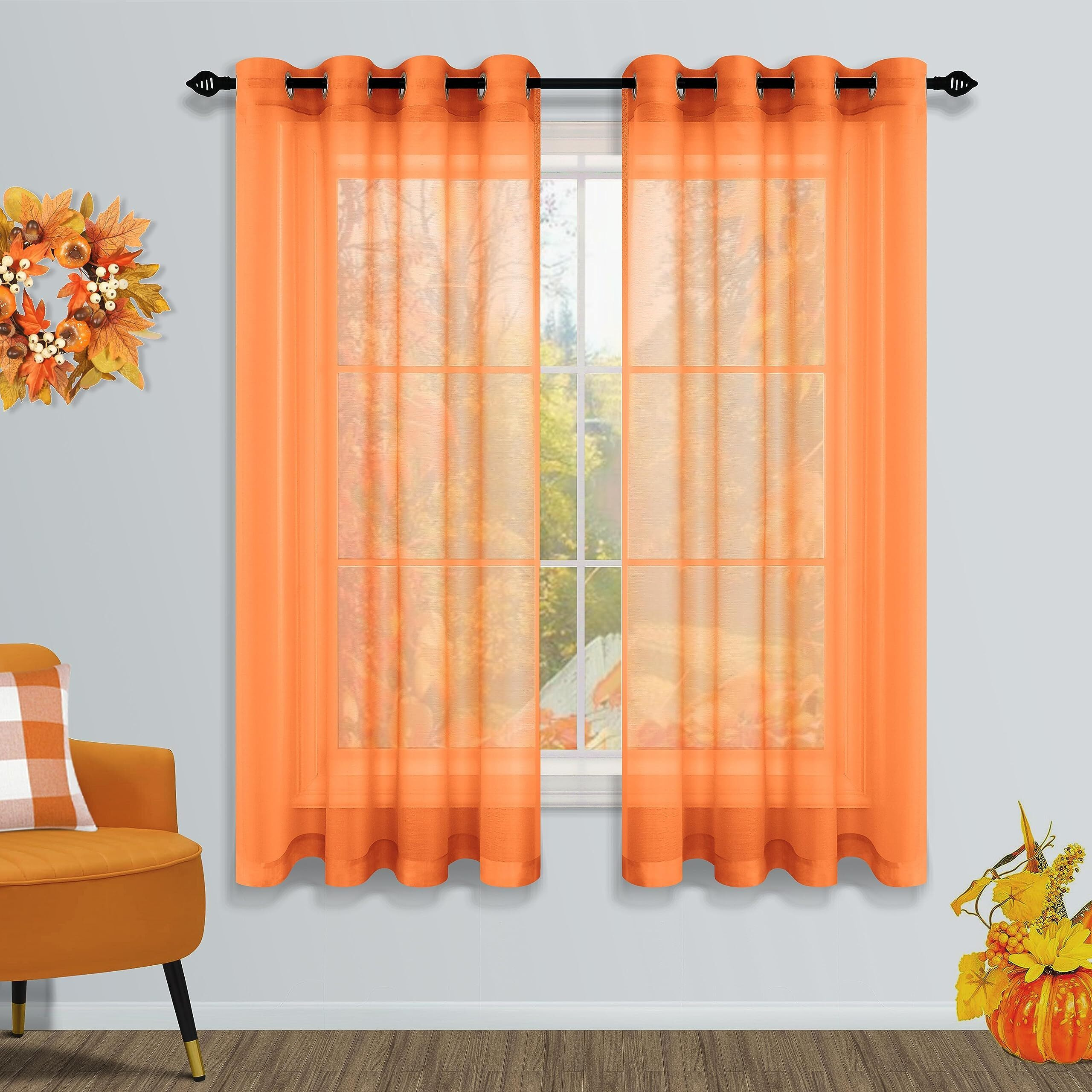 Mrs.Naturall Orange Halloween Curtains 63 Inch Length For Bedroom Boys Room Autumn Decorations For Home Thanksgiving Fall Havest Decor 2 Panel Set Grommet Window Sheers For Living Room