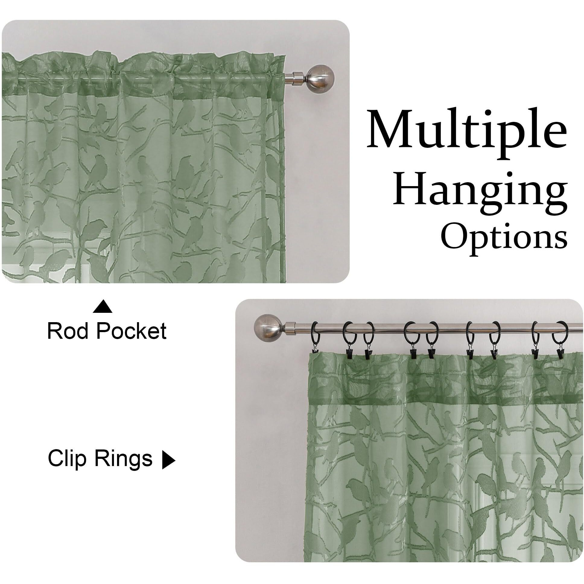 Ovzme Anji Bird Sage Green Sheer Curtains 45 Inches Long 2 Panels Set For Small Window  Light Filtering Privacy Cafe Curtains Rod Pocket Top  Short Farmhouse Window Drapes For Kitchen  W38 X L45 Inch