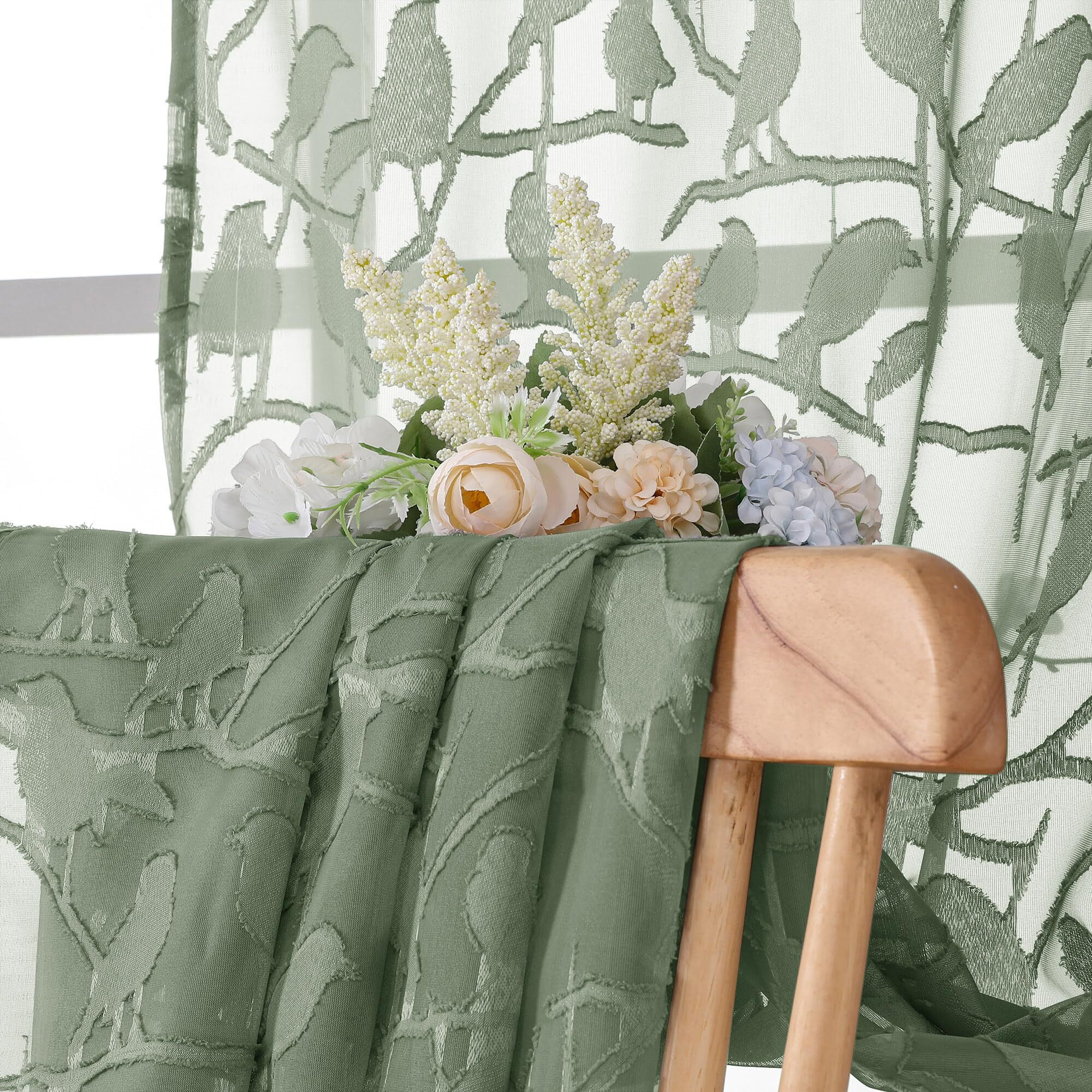 Ovzme Anji Bird Sage Green Sheer Curtains 45 Inches Long 2 Panels Set For Small Window  Light Filtering Privacy Cafe Curtains Rod Pocket Top  Short Farmhouse Window Drapes For Kitchen  W38 X L45 Inch