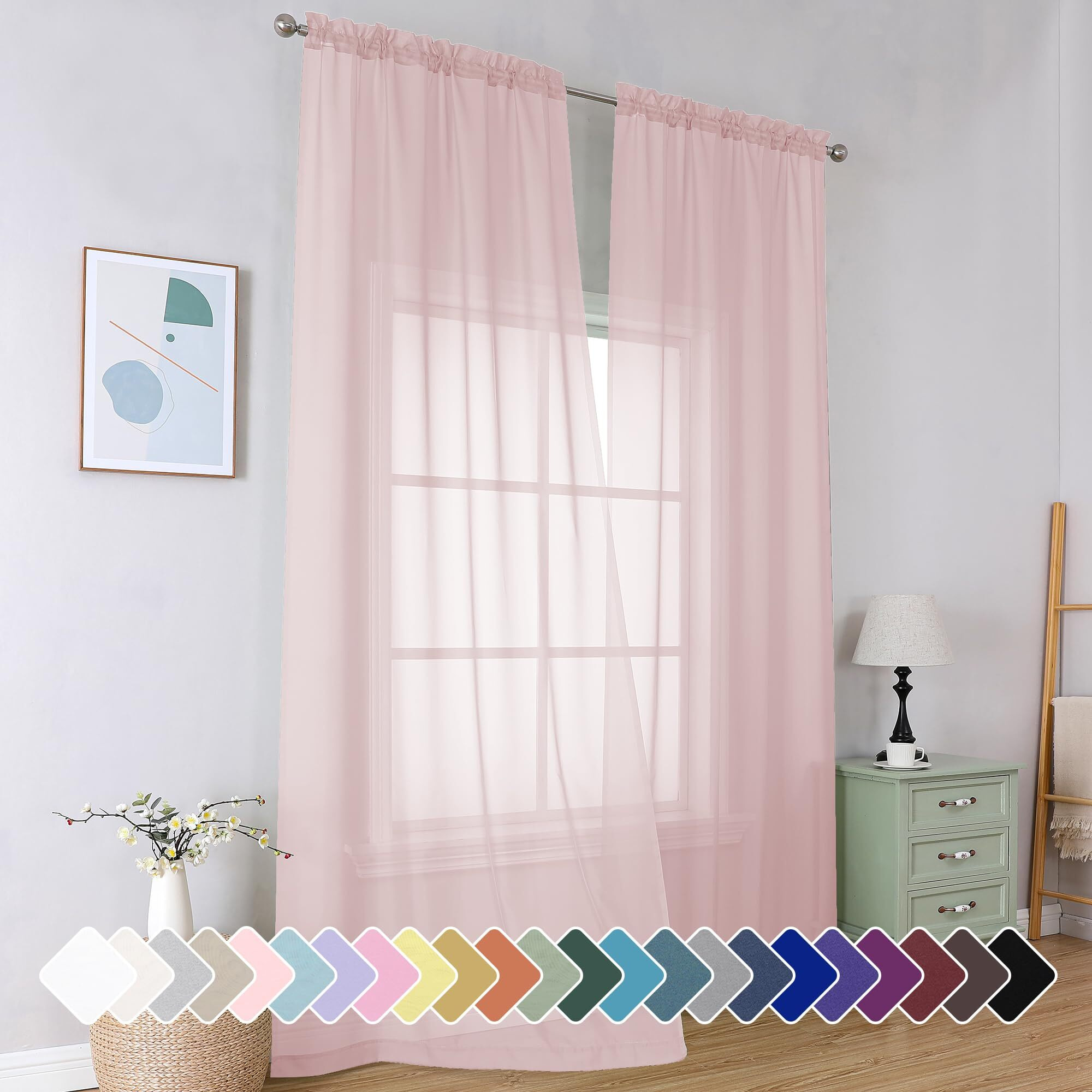 Simplebrand Blush Sheer Curtains 96 Inches Long  Light Filtering Light Purple Rod Pocket Solid Color Window Sheer Curtain Panels  Elegant Curtains & Drapes For Living Room  Bedroom 2 Panels  42"" W