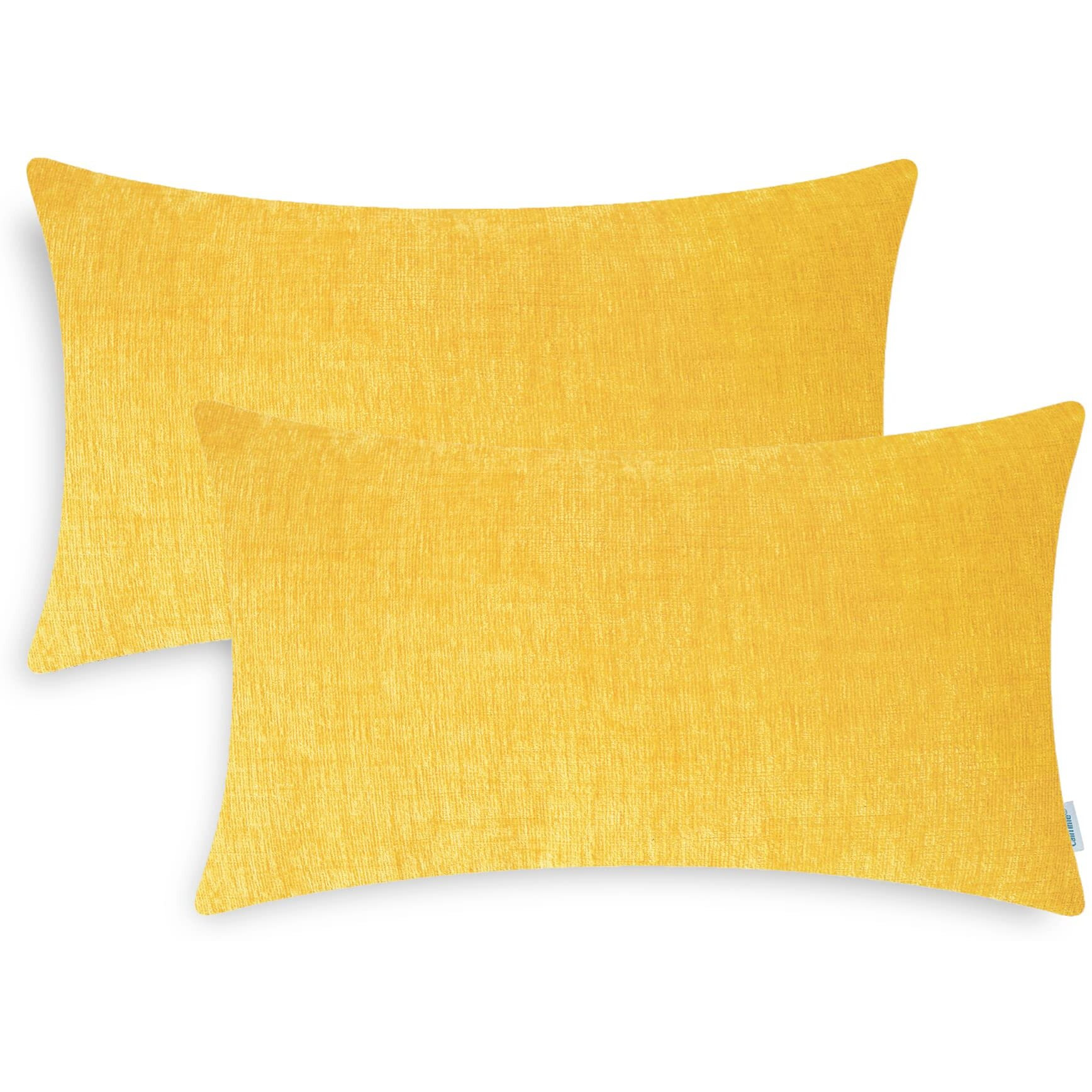 Calitime Pack Of 2 Cozy Pillow Covers Cases For Couch Sofa Home Decoration Solid Dyed Soft Chenille 12 X 20 Inches Mustard Yellow