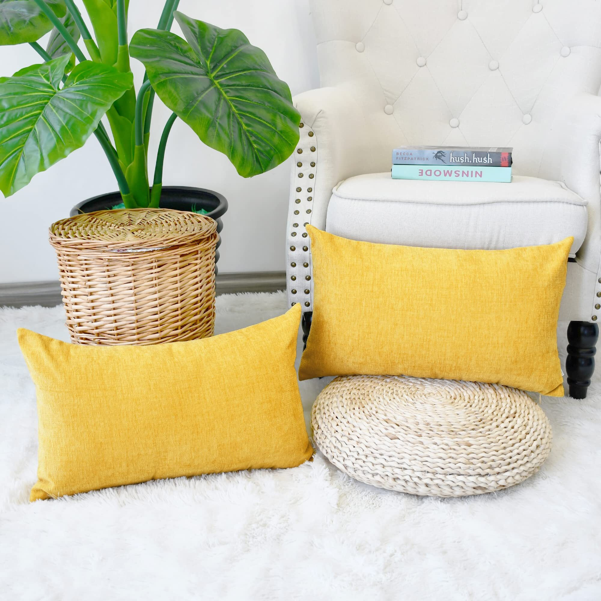 Calitime Pack Of 2 Cozy Pillow Covers Cases For Couch Sofa Home Decoration Solid Dyed Soft Chenille 12 X 20 Inches Mustard Yellow